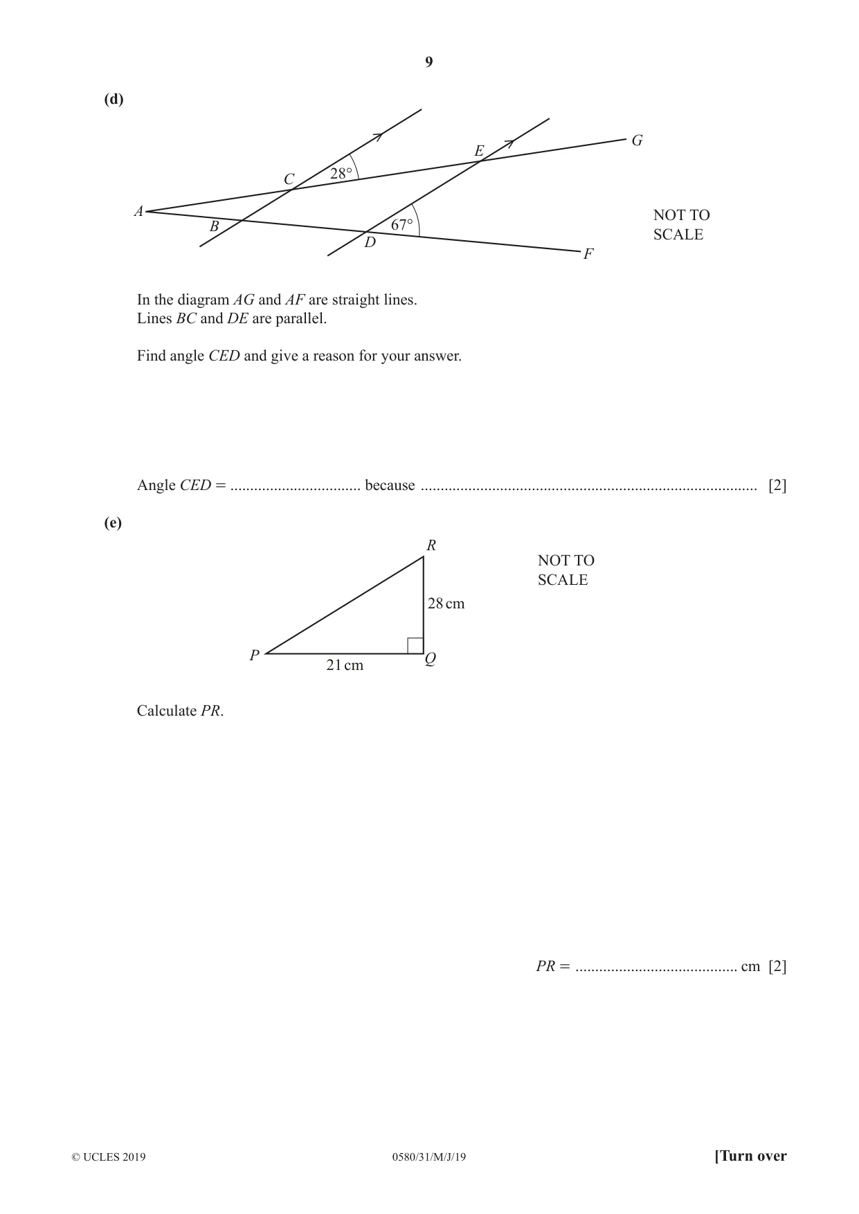 Cambridge IGCSE Mathematics 0580 2019 May/June Paper 3 · Variant 1 question paper, page 9 of 16