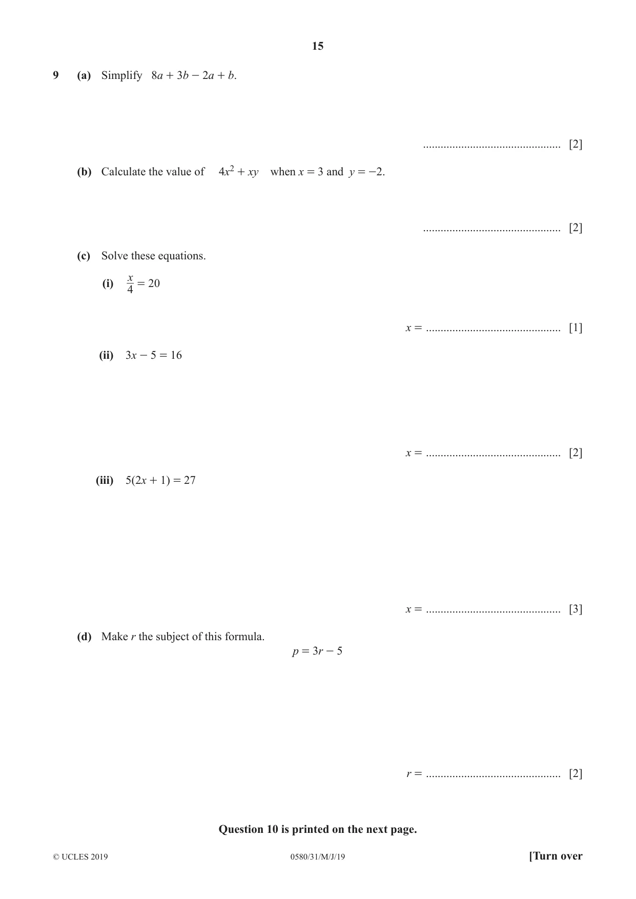 Cambridge IGCSE Mathematics 0580 2019 May/June Paper 3 · Variant 1 question paper, page 15 of 16