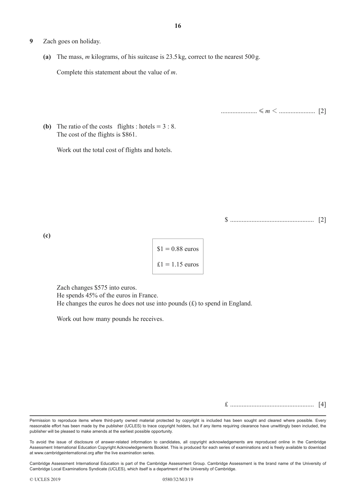 Cambridge IGCSE Mathematics 0580 2019 May/June Paper 3 · Variant 2 question paper, page 16 of 16