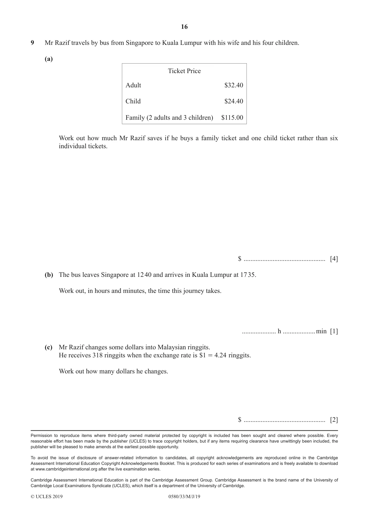 Cambridge IGCSE Mathematics 0580 2019 May/June Paper 3 · Variant 3 question paper, page 16 of 16