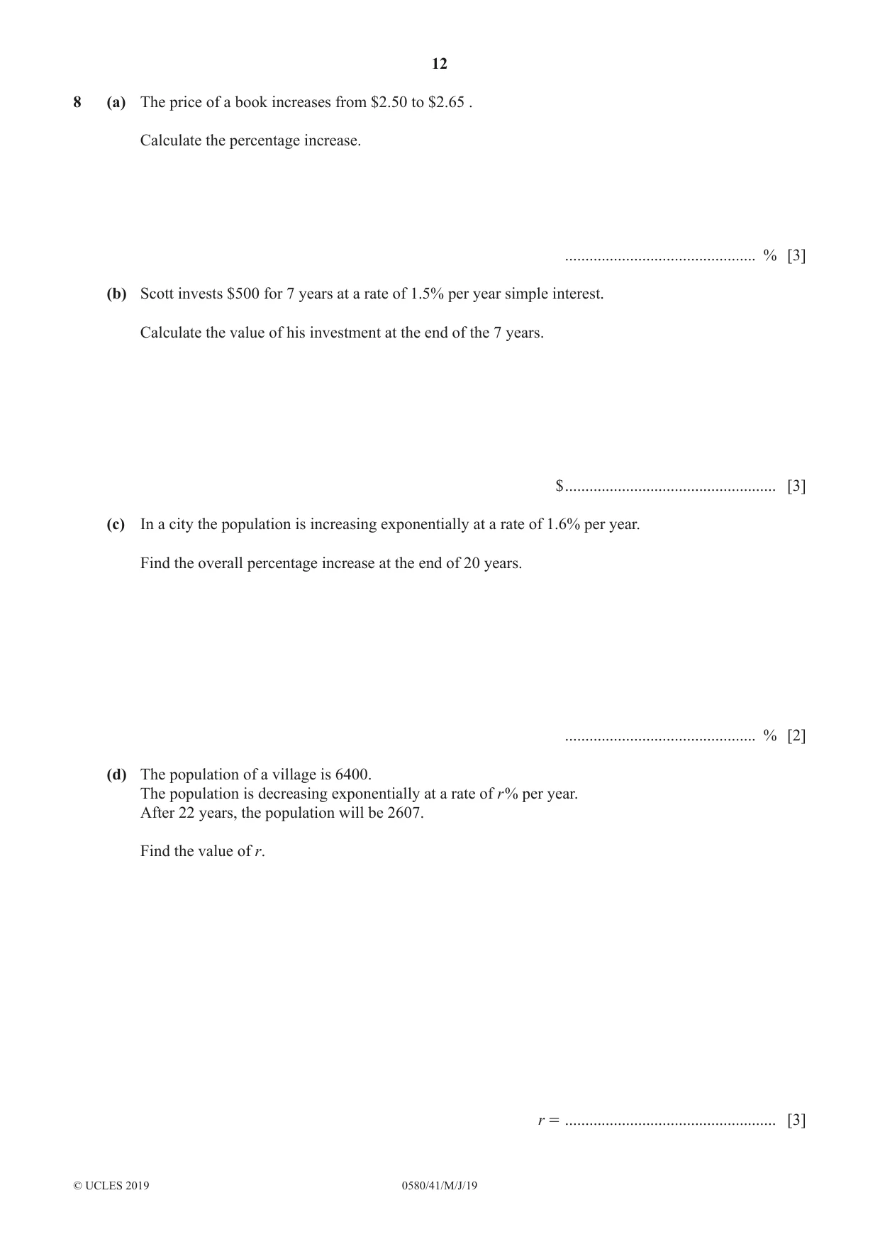 Cambridge IGCSE Mathematics 0580 2019 May/June Paper 4 · Variant 1 question paper, page 12 of 16