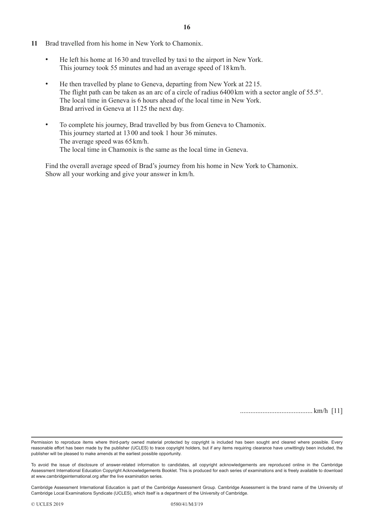 Cambridge IGCSE Mathematics 0580 2019 May/June Paper 4 · Variant 1 question paper, page 16 of 16