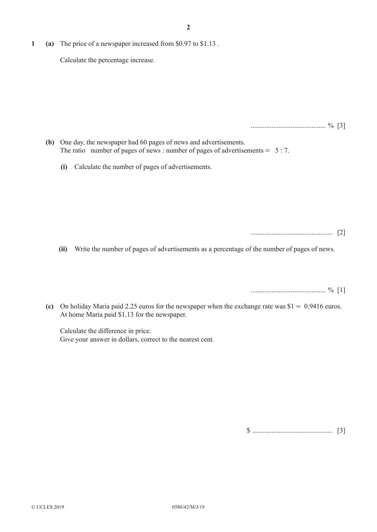 Cambridge IGCSE Mathematics 0580 2019 May/June Paper 4 · Variant 2 question paper, page 2 of 20
