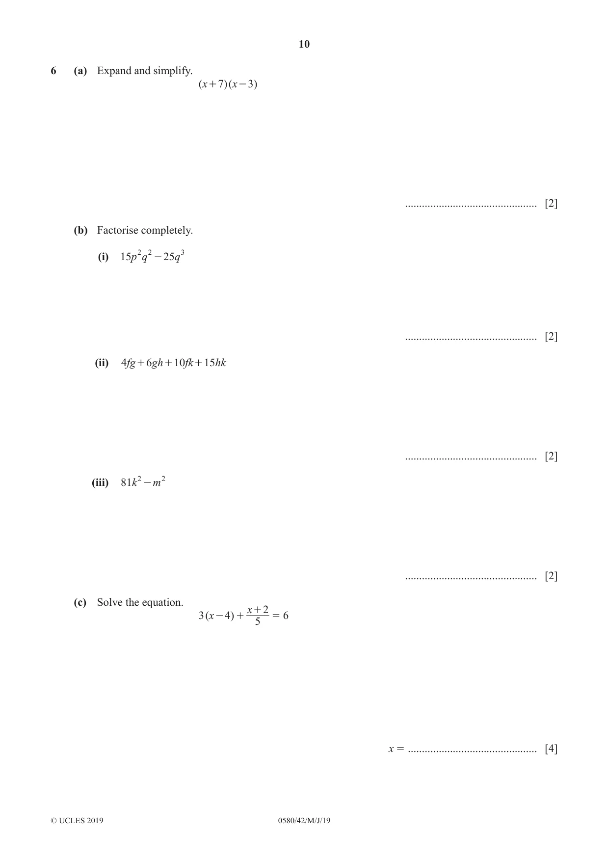 Cambridge IGCSE Mathematics 0580 2019 May/June Paper 4 · Variant 2 question paper, page 10 of 20