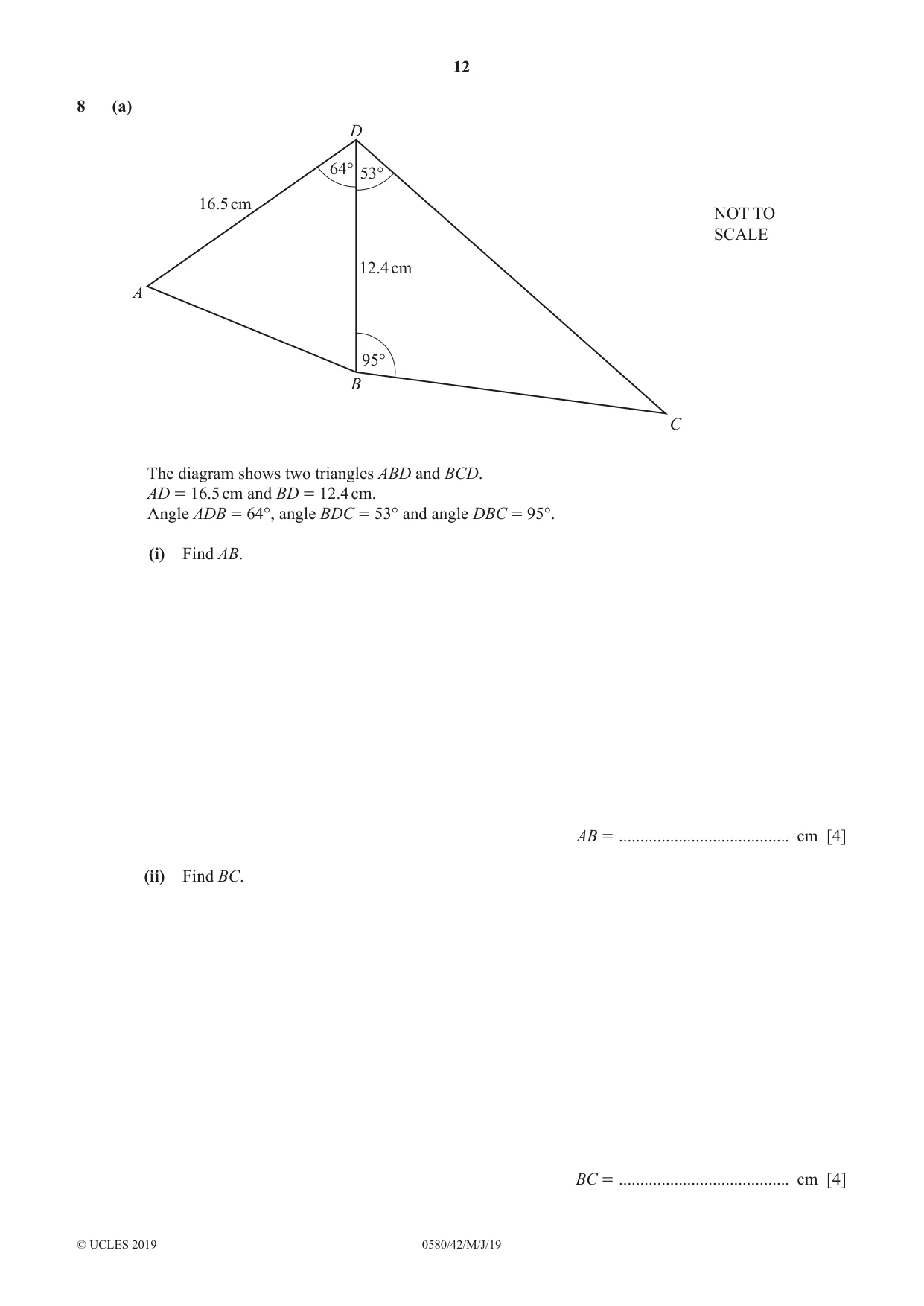 Cambridge IGCSE Mathematics 0580 2019 May/June Paper 4 · Variant 2 question paper, page 12 of 20