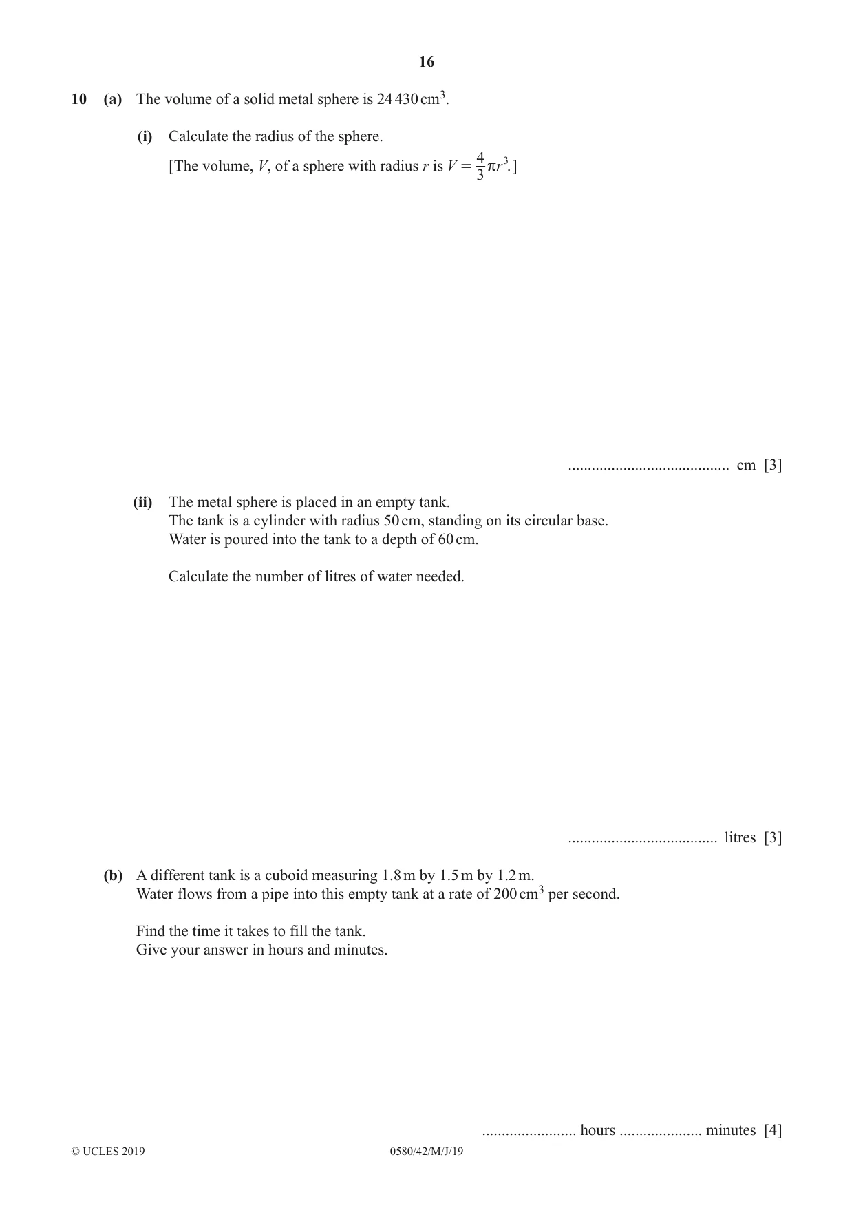 Cambridge IGCSE Mathematics 0580 2019 May/June Paper 4 · Variant 2 question paper, page 16 of 20