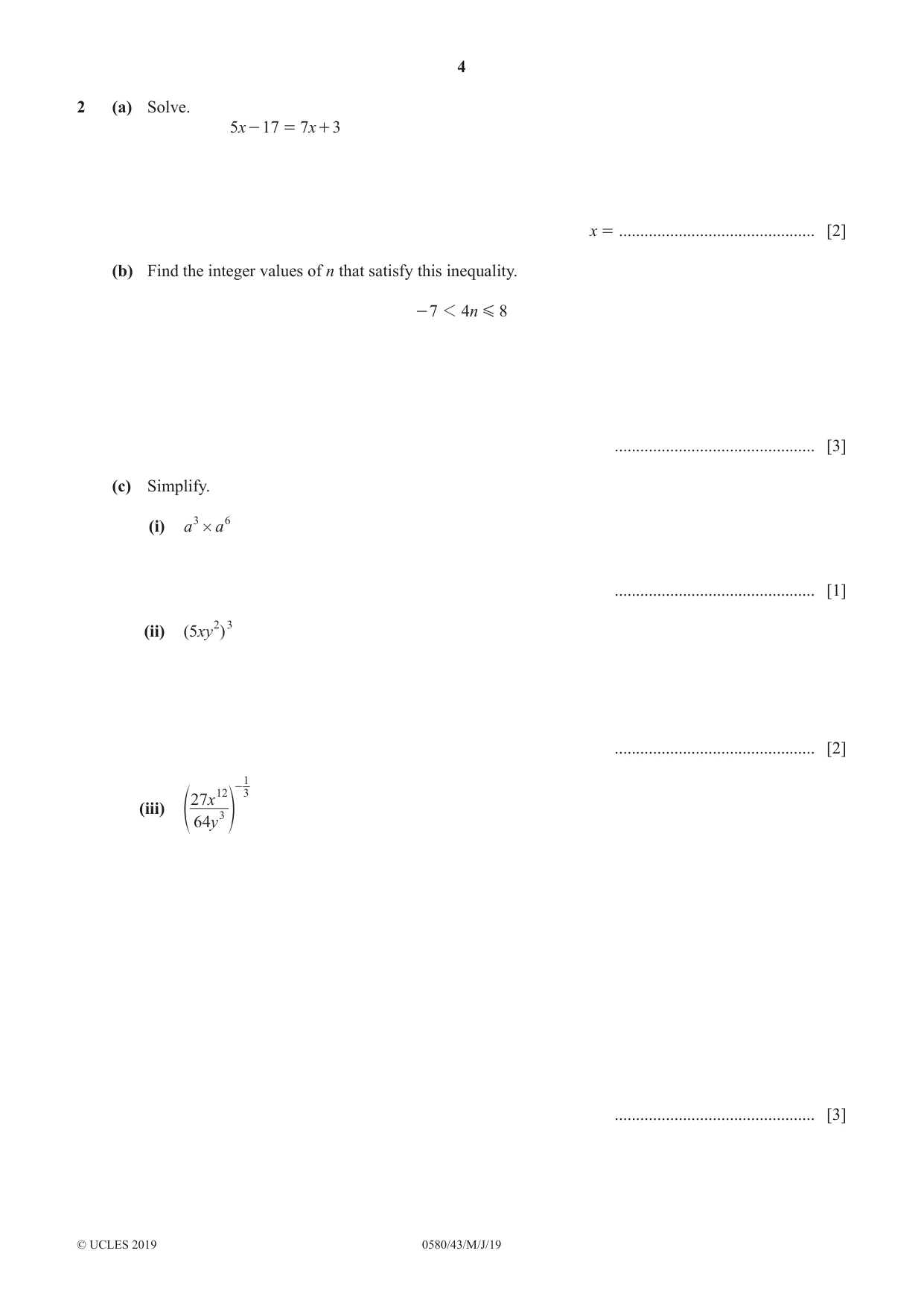 Cambridge IGCSE Mathematics 0580 2019 May/June Paper 4 · Variant 3 question paper, page 4 of 16
