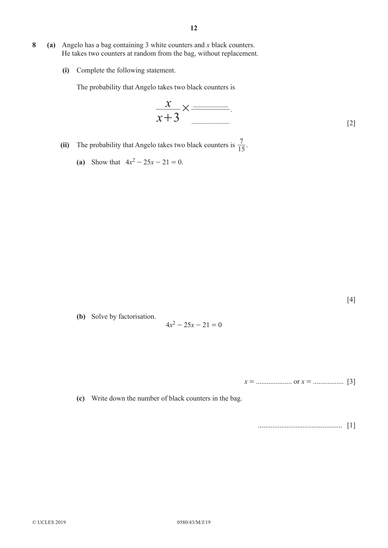 Cambridge IGCSE Mathematics 0580 2019 May/June Paper 4 · Variant 3 question paper, page 12 of 16