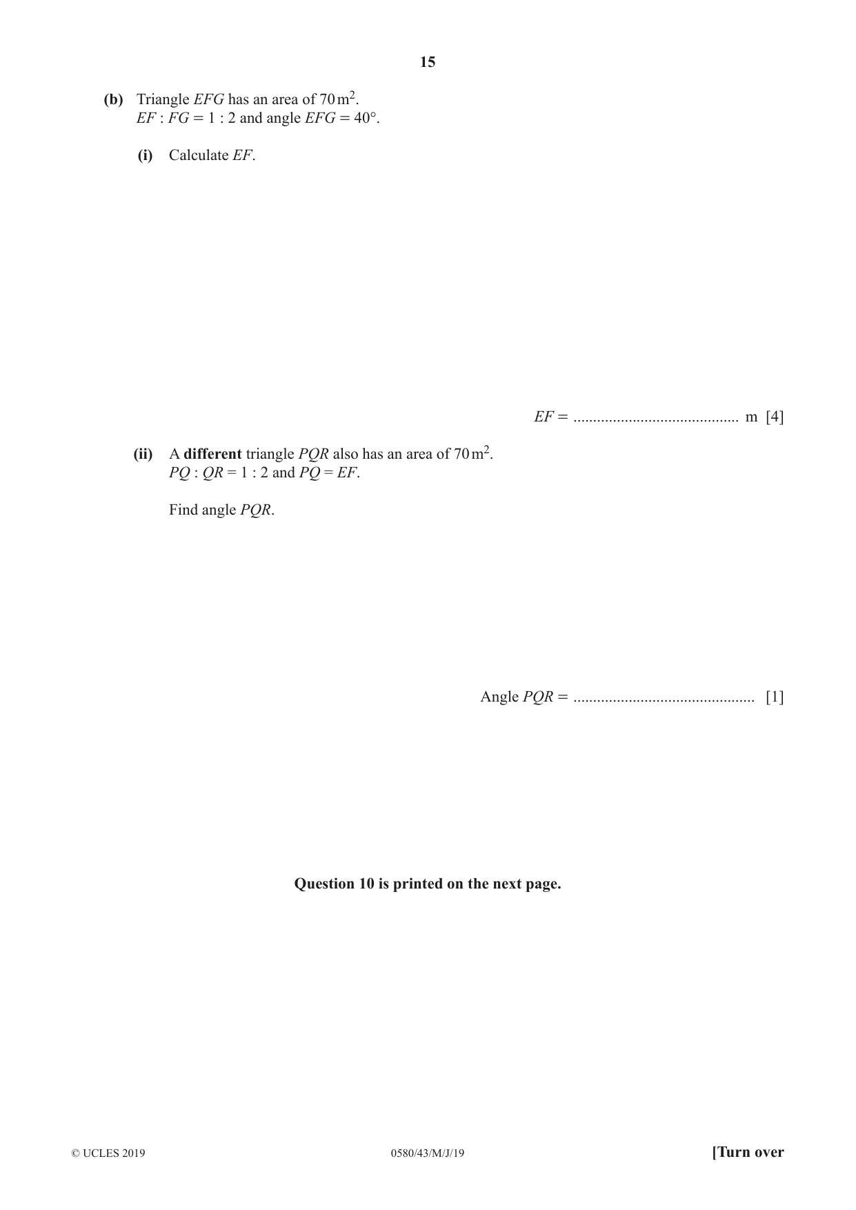 Cambridge IGCSE Mathematics 0580 2019 May/June Paper 4 · Variant 3 question paper, page 15 of 16