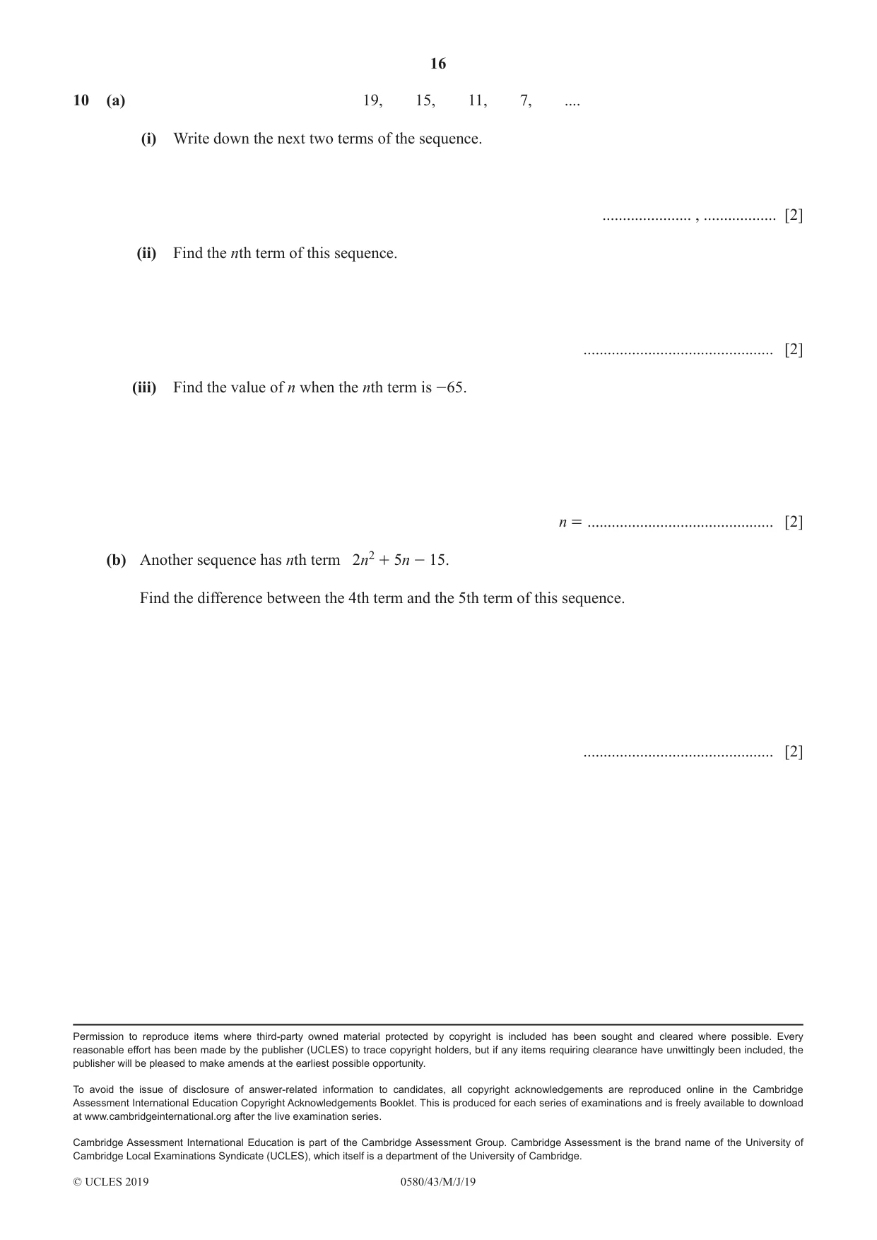 Cambridge IGCSE Mathematics 0580 2019 May/June Paper 4 · Variant 3 question paper, page 16 of 16