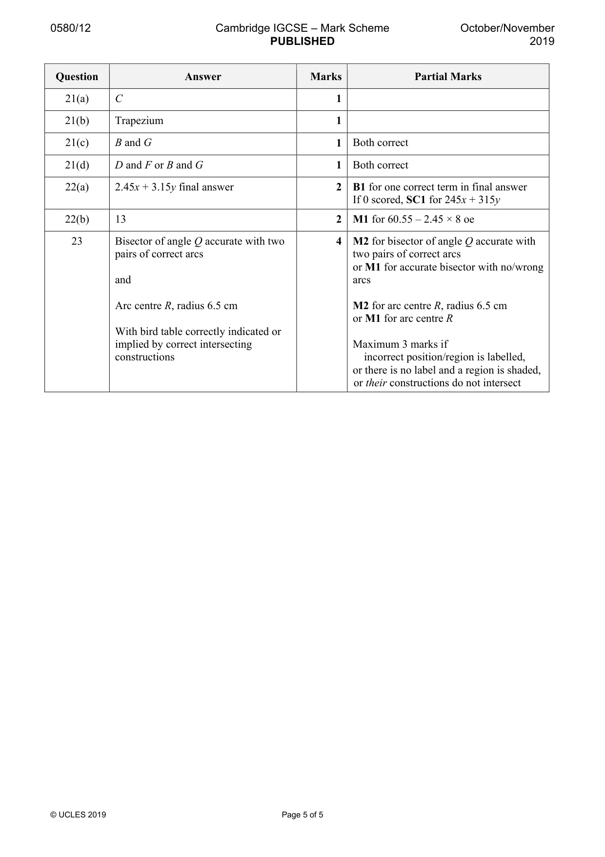 Mark scheme, page 5 of 5