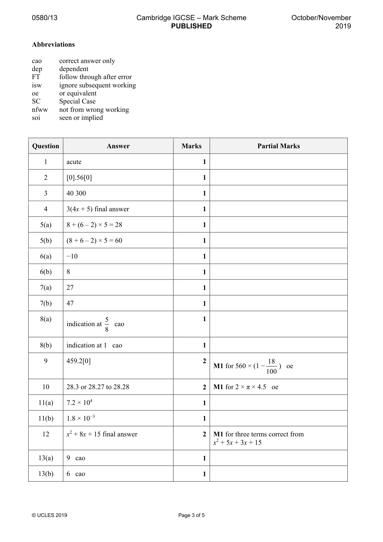 Mark scheme, page 3 of 5