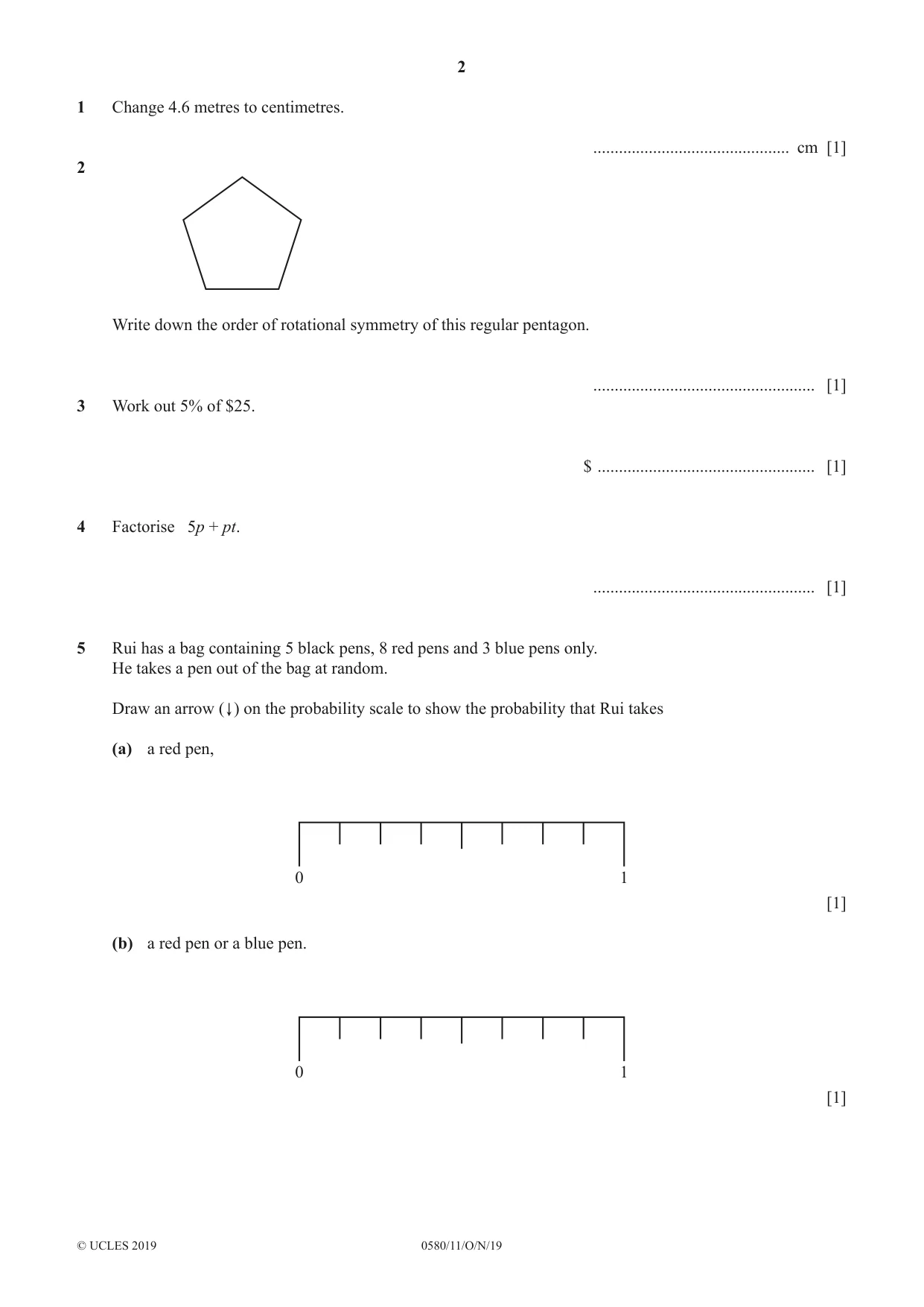 Cambridge IGCSE Mathematics 0580 2019 Oct/Nov Paper 1 · Variant 1 question paper, page 2 of 12