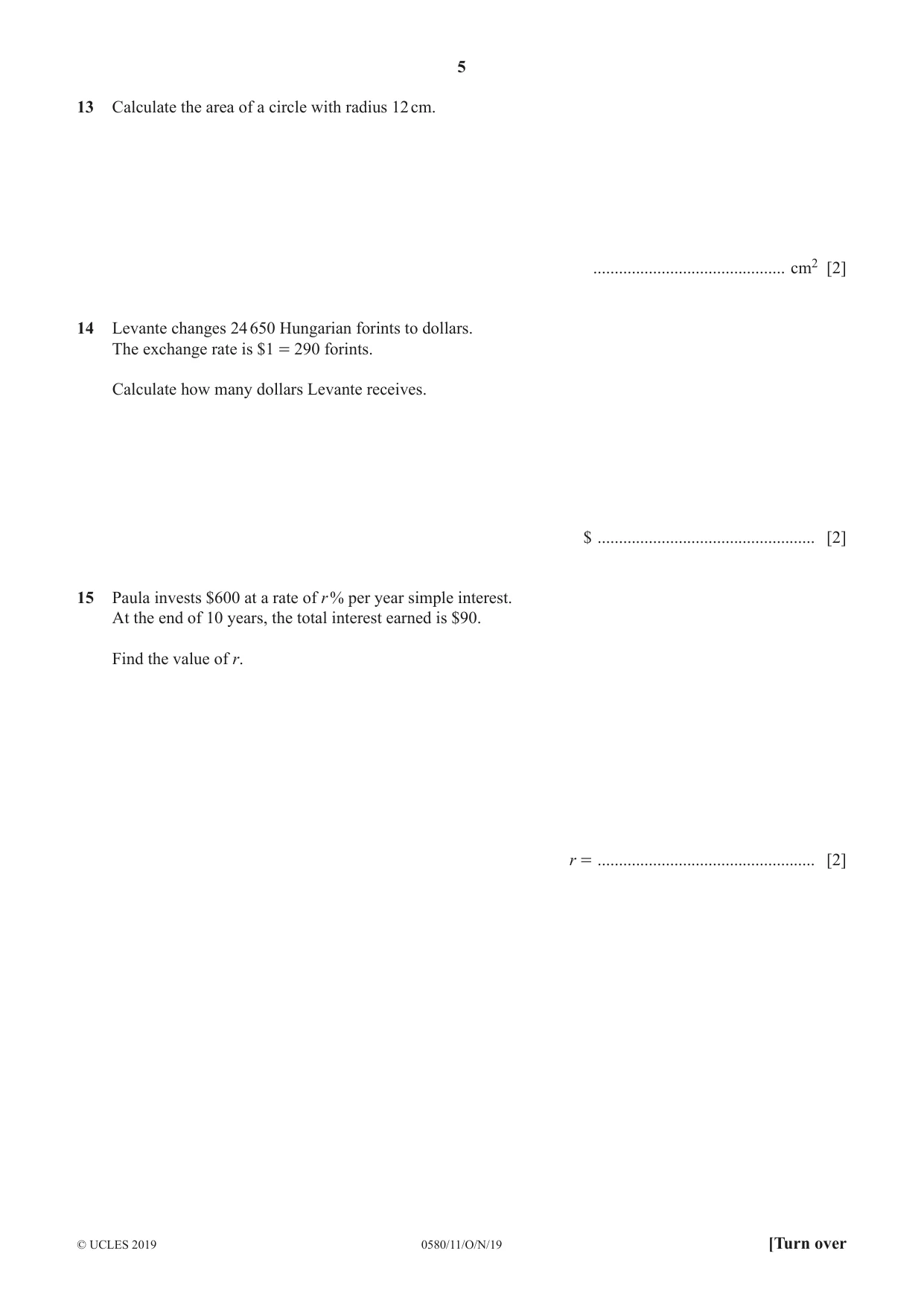 Cambridge IGCSE Mathematics 0580 2019 Oct/Nov Paper 1 · Variant 1 question paper, page 5 of 12