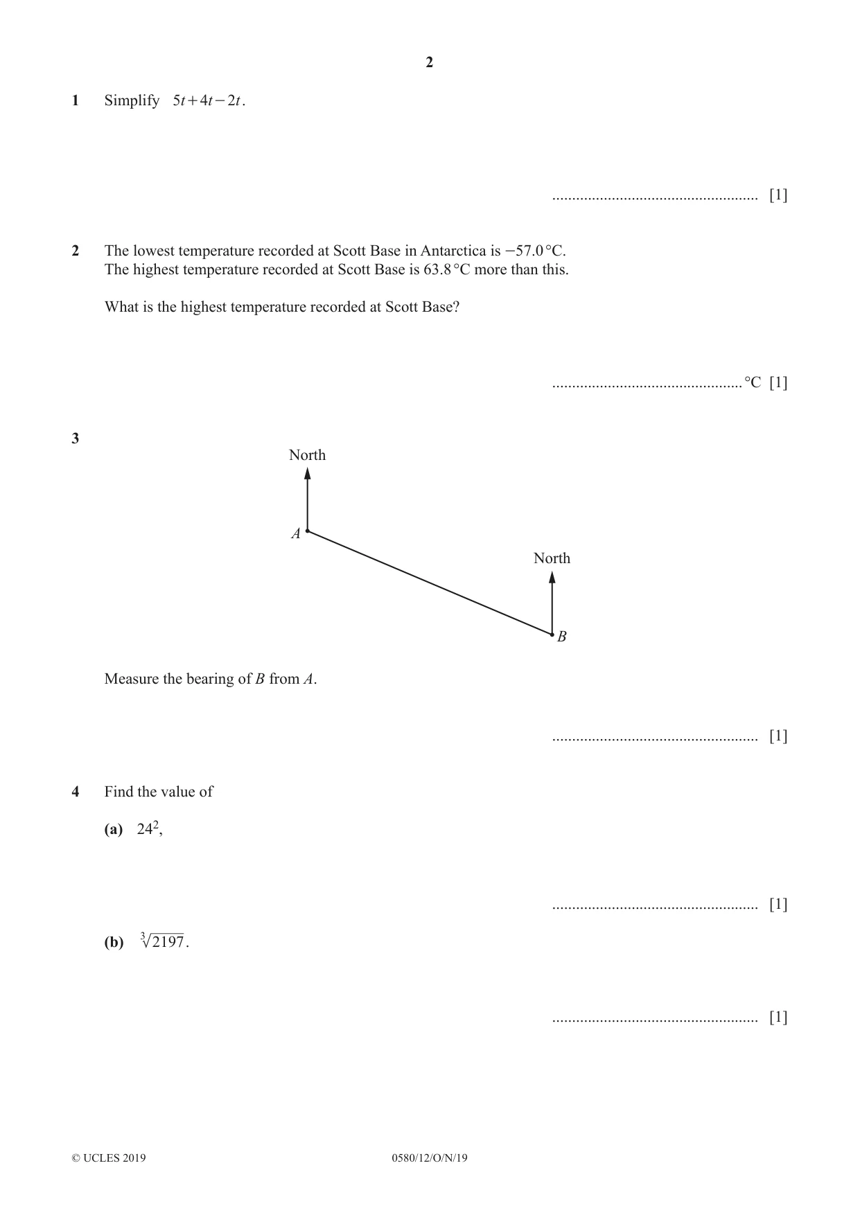 Cambridge IGCSE Mathematics 0580 2019 Oct/Nov Paper 1 · Variant 2 question paper, page 2 of 12