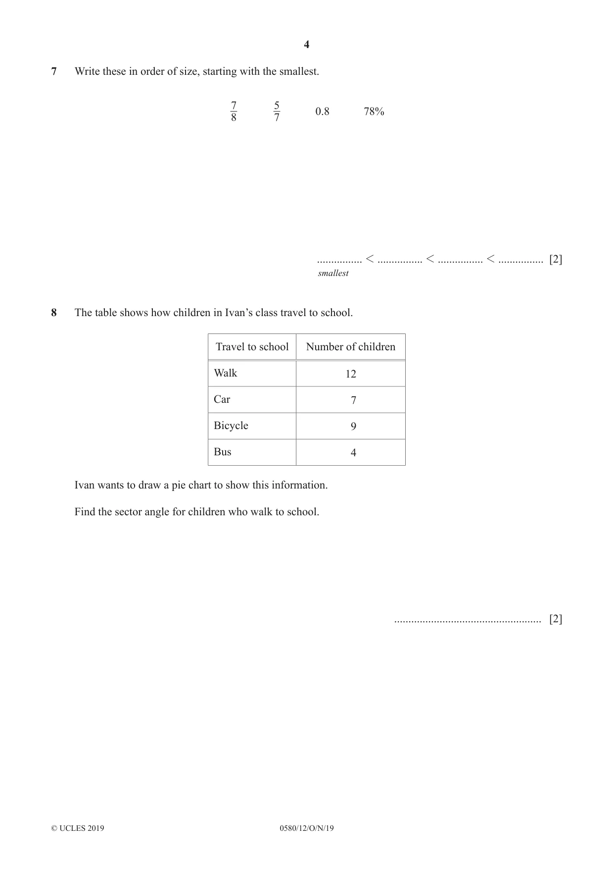 Cambridge IGCSE Mathematics 0580 2019 Oct/Nov Paper 1 · Variant 2 question paper, page 4 of 12