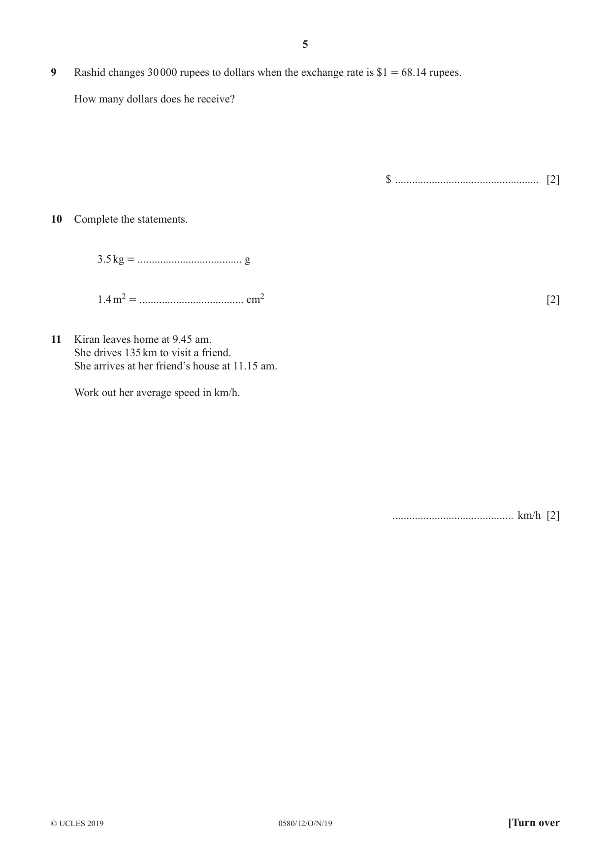 Cambridge IGCSE Mathematics 0580 2019 Oct/Nov Paper 1 · Variant 2 question paper, page 5 of 12