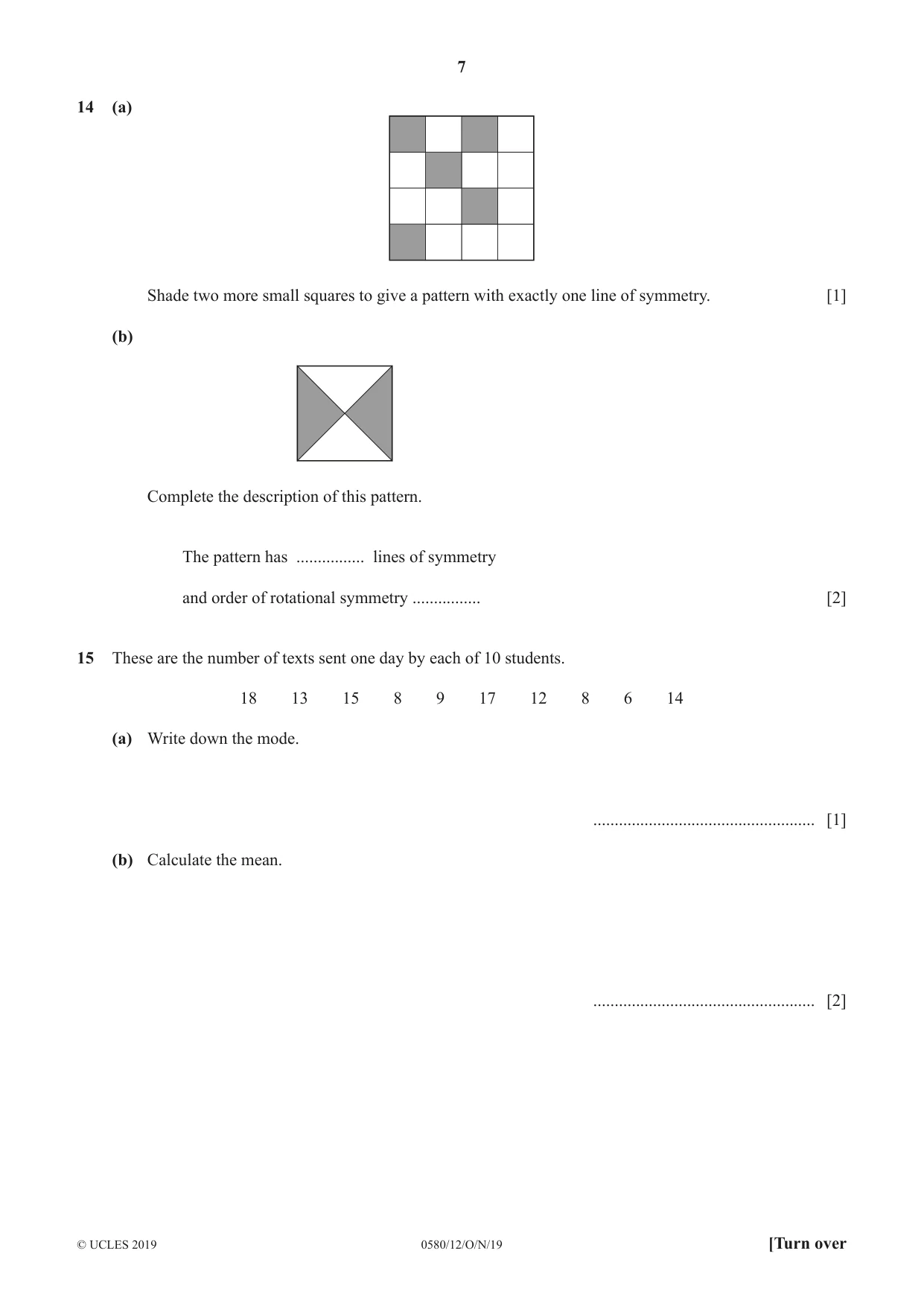 Cambridge IGCSE Mathematics 0580 2019 Oct/Nov Paper 1 · Variant 2 question paper, page 7 of 12