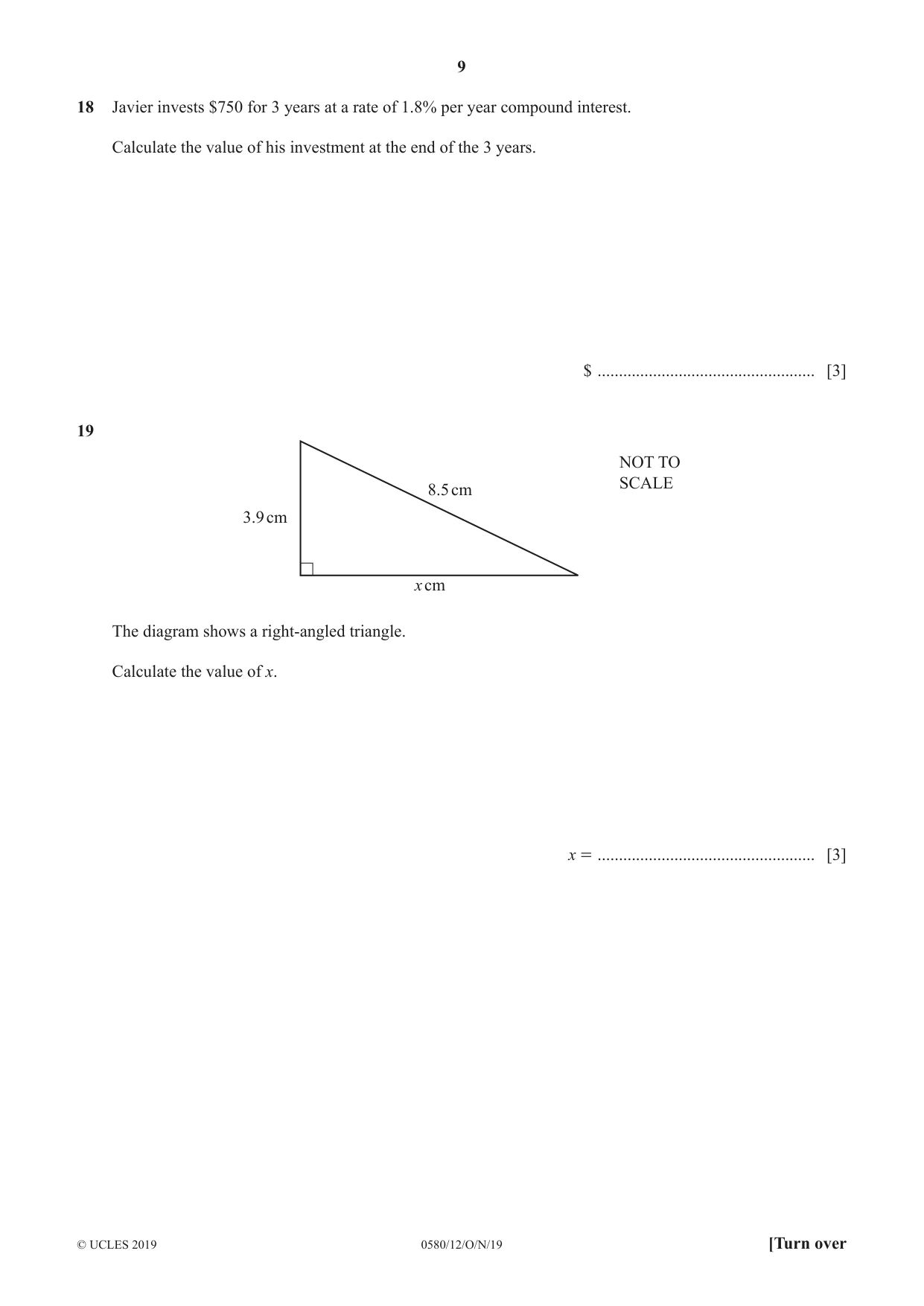 Cambridge IGCSE Mathematics 0580 2019 Oct/Nov Paper 1 · Variant 2 question paper, page 9 of 12