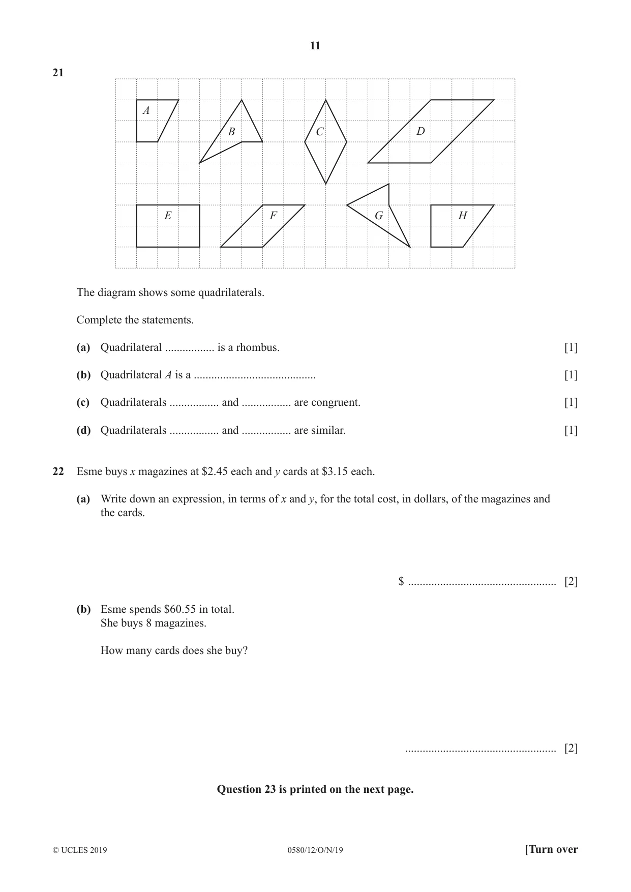 Cambridge IGCSE Mathematics 0580 2019 Oct/Nov Paper 1 · Variant 2 question paper, page 11 of 12