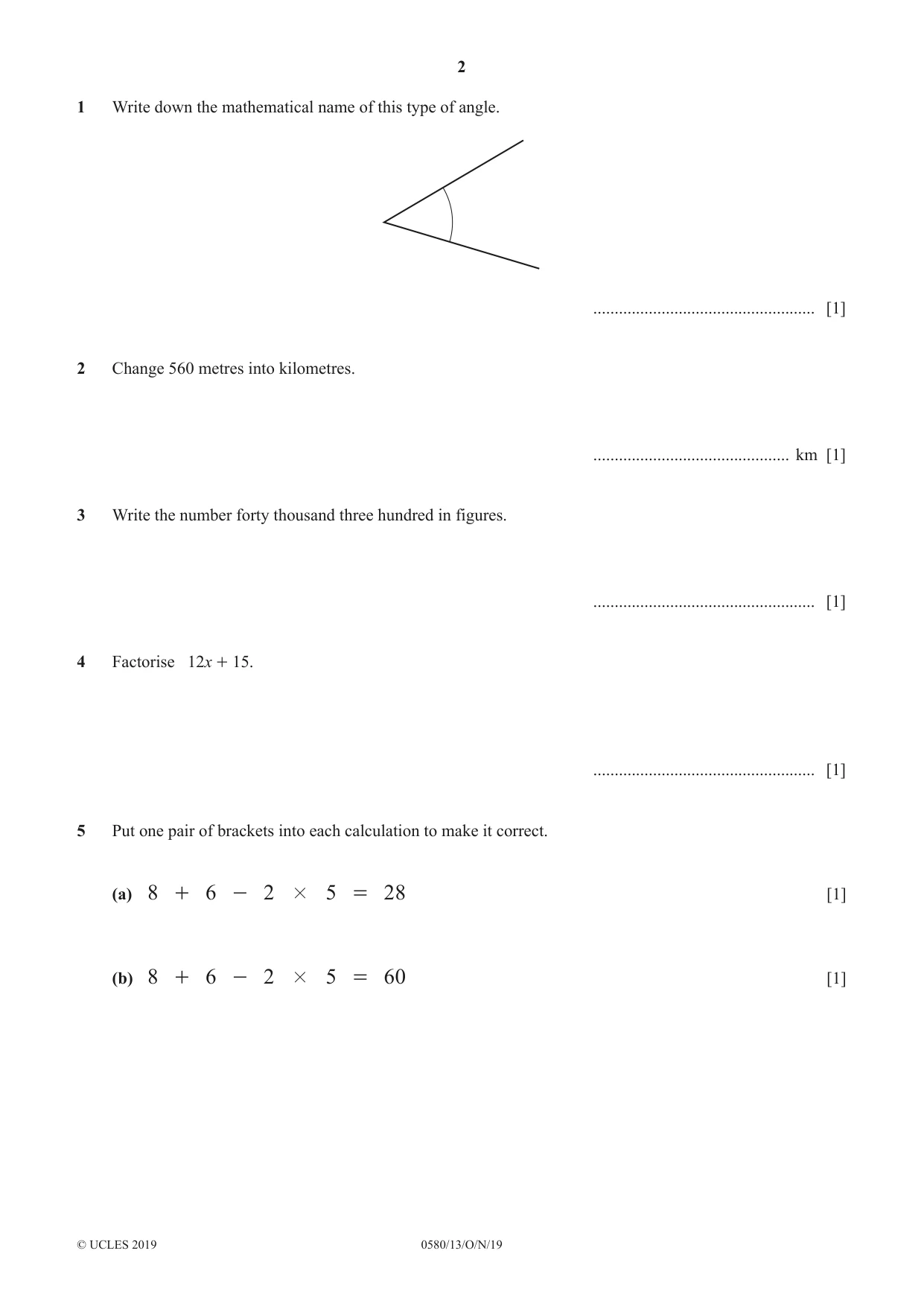Cambridge IGCSE Mathematics 0580 2019 Oct/Nov Paper 1 · Variant 3 question paper, page 2 of 12