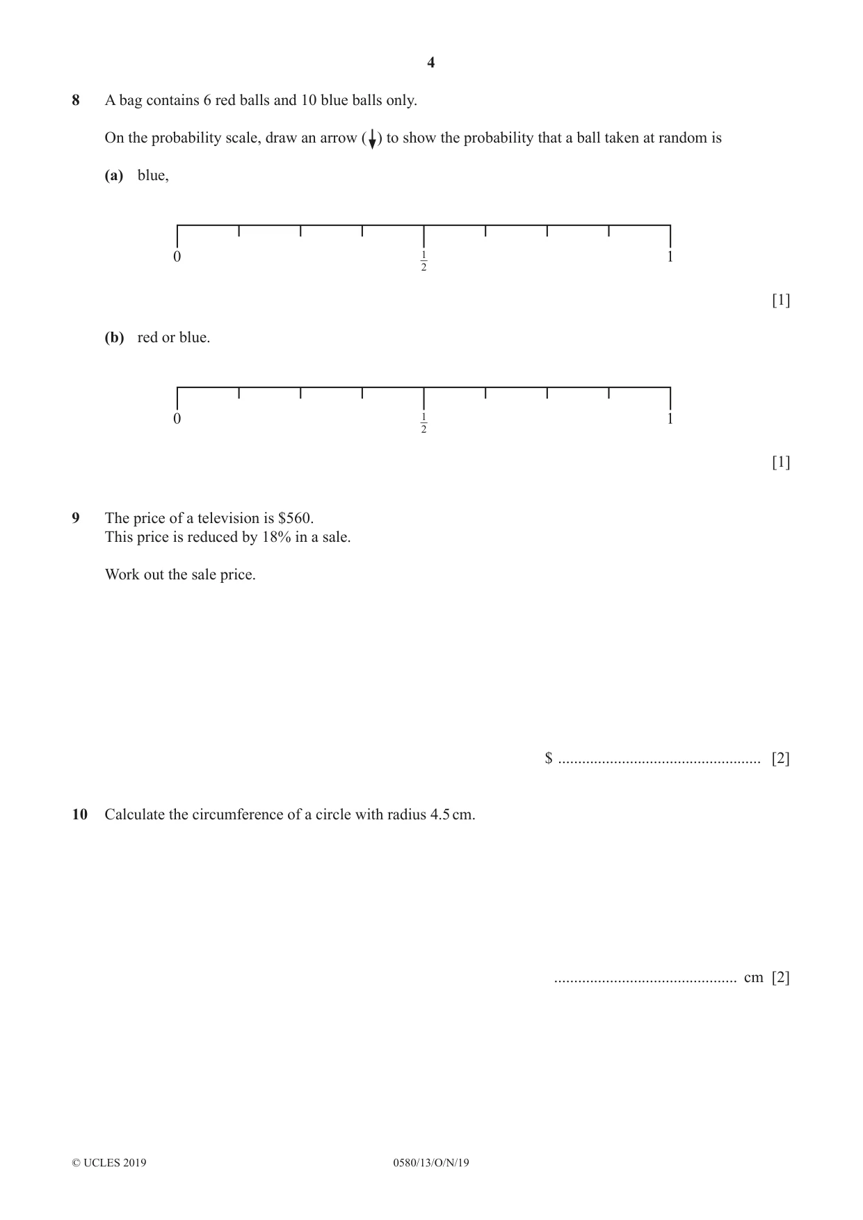 Cambridge IGCSE Mathematics 0580 2019 Oct/Nov Paper 1 · Variant 3 question paper, page 4 of 12