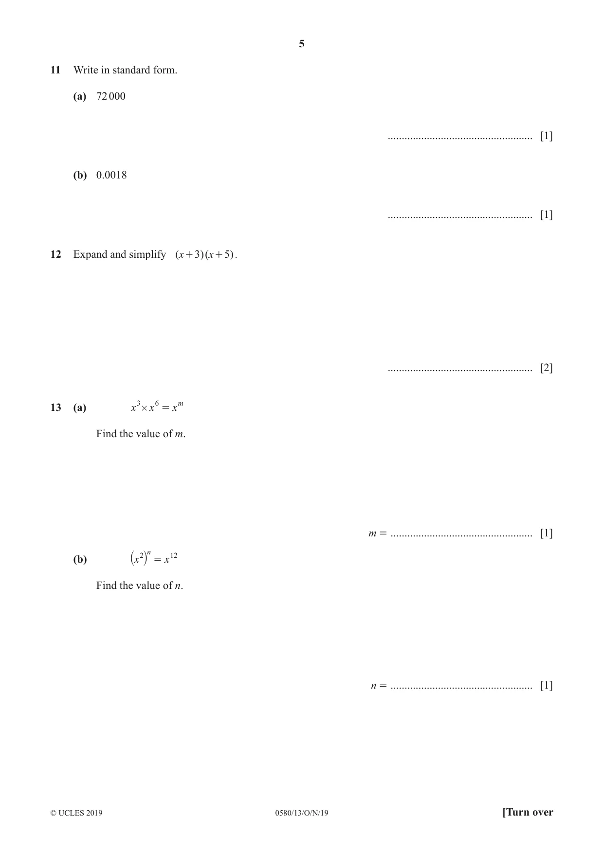 Cambridge IGCSE Mathematics 0580 2019 Oct/Nov Paper 1 · Variant 3 question paper, page 5 of 12