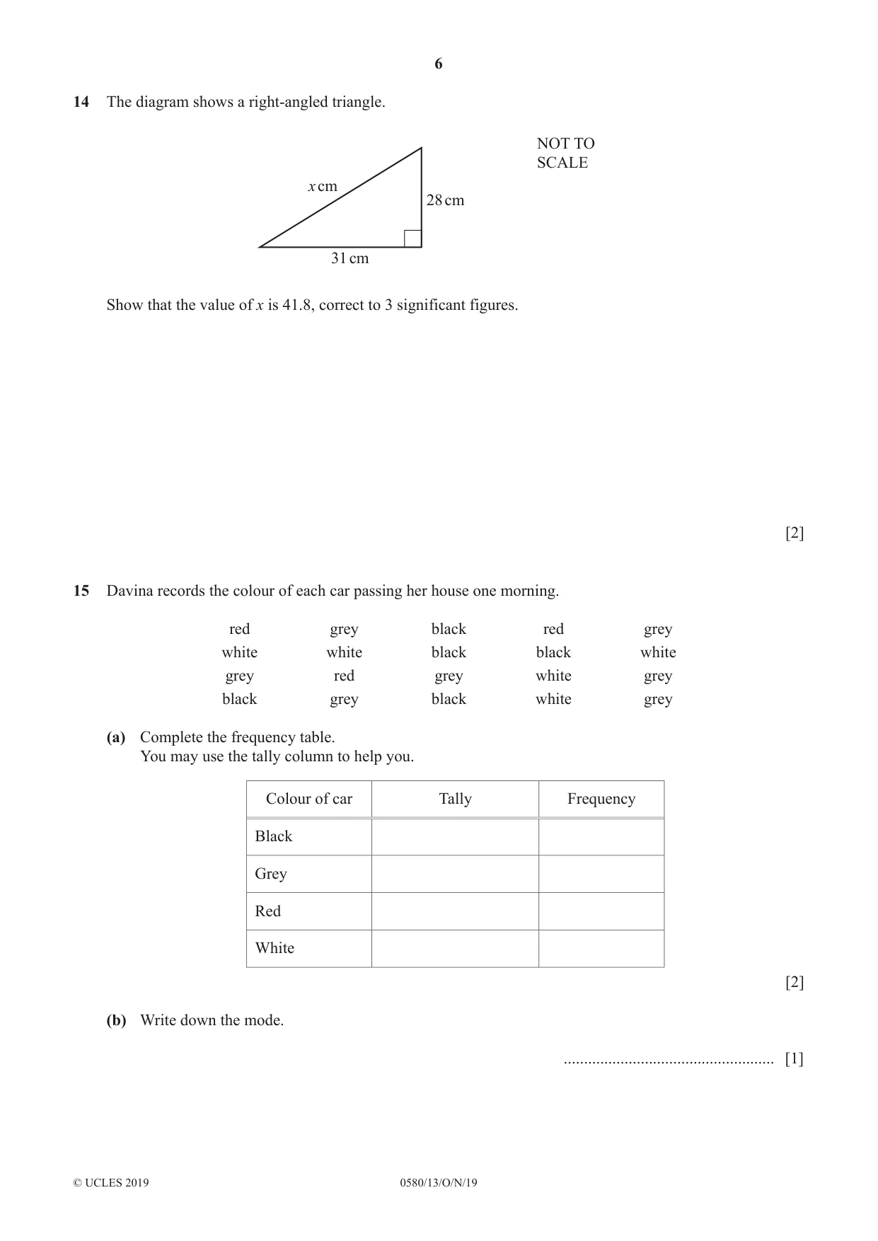 Cambridge IGCSE Mathematics 0580 2019 Oct/Nov Paper 1 · Variant 3 question paper, page 6 of 12