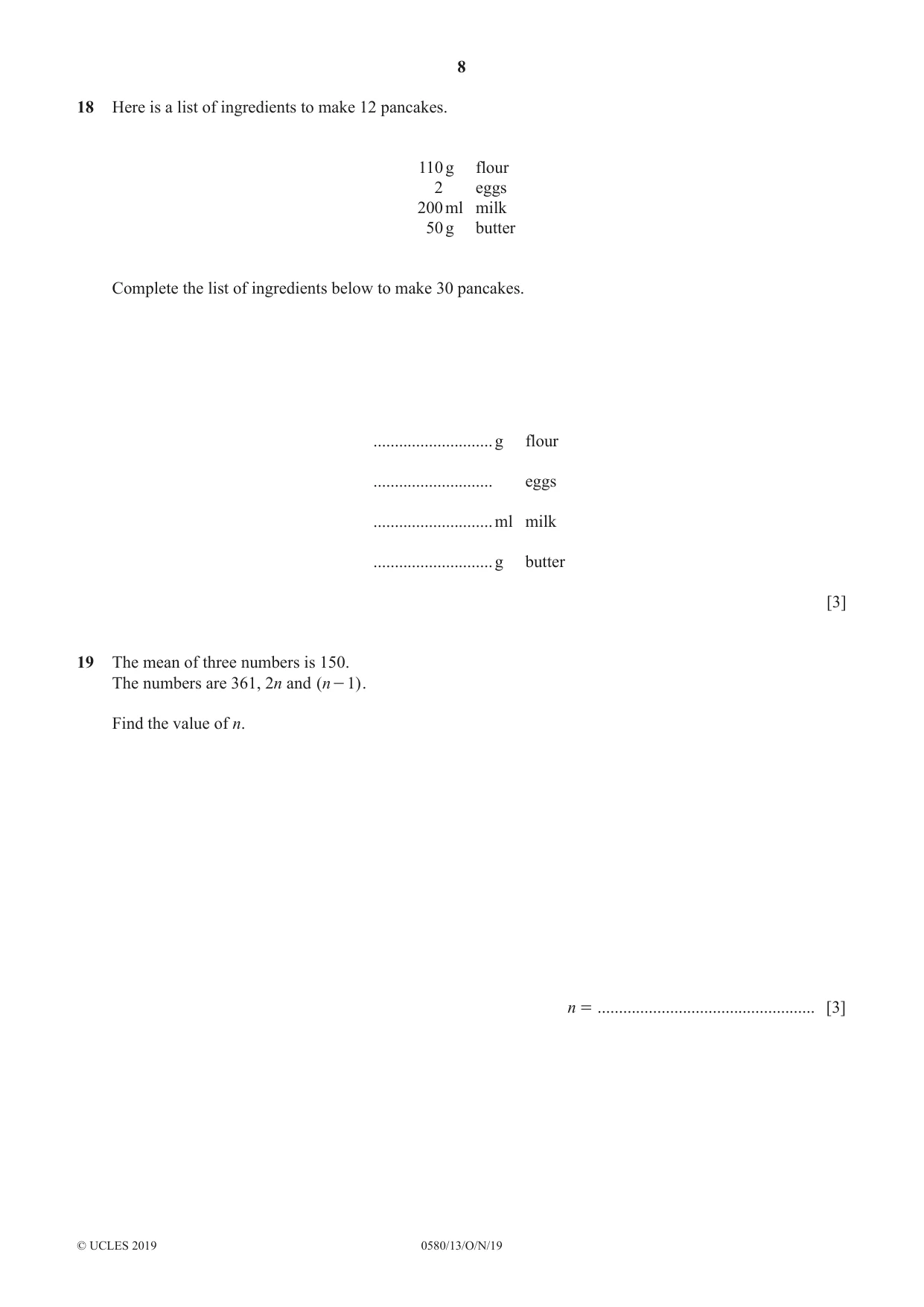 Cambridge IGCSE Mathematics 0580 2019 Oct/Nov Paper 1 · Variant 3 question paper, page 8 of 12