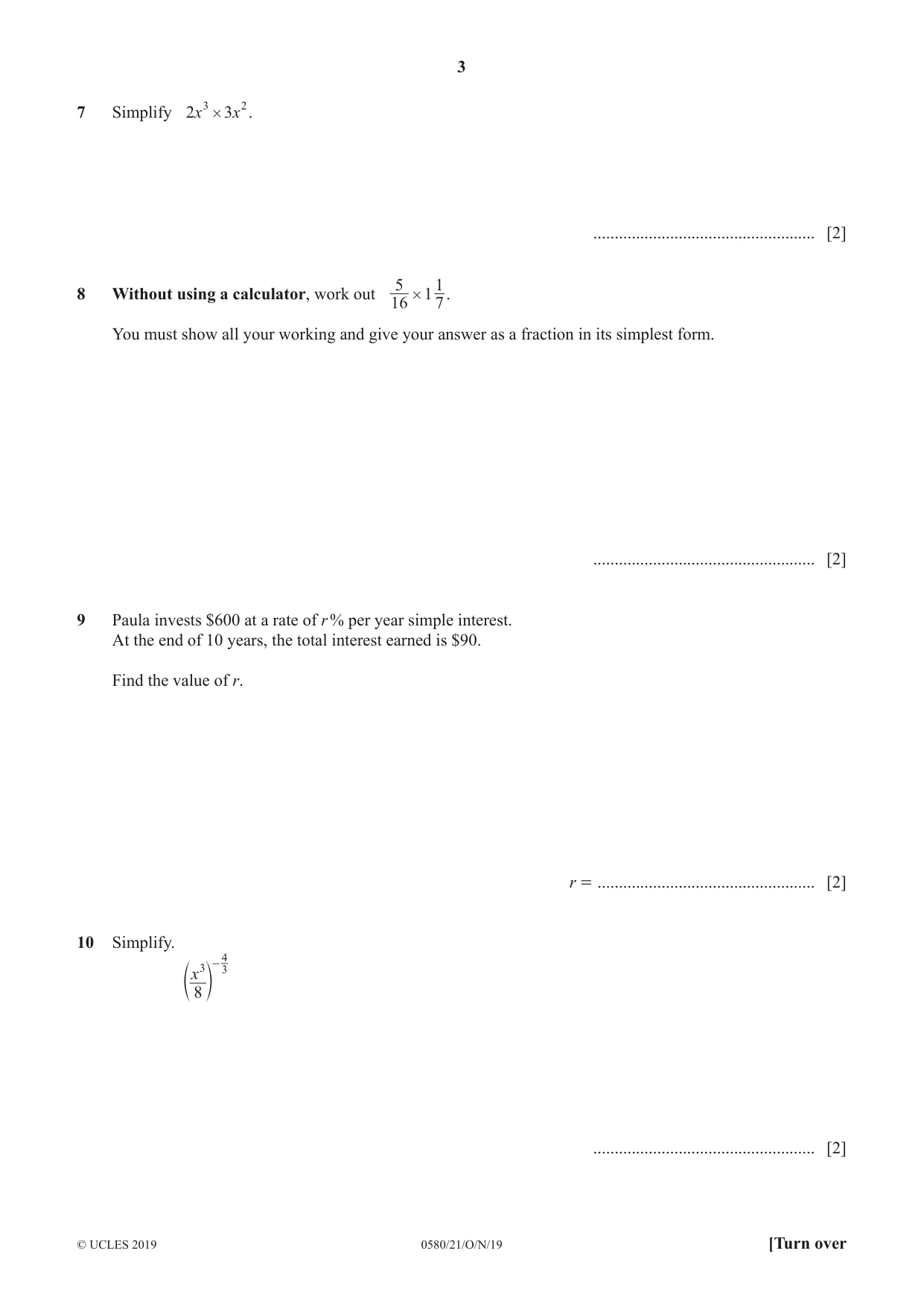 Cambridge IGCSE Mathematics 0580 2019 Oct/Nov Paper 2 · Variant 1 question paper, page 3 of 12