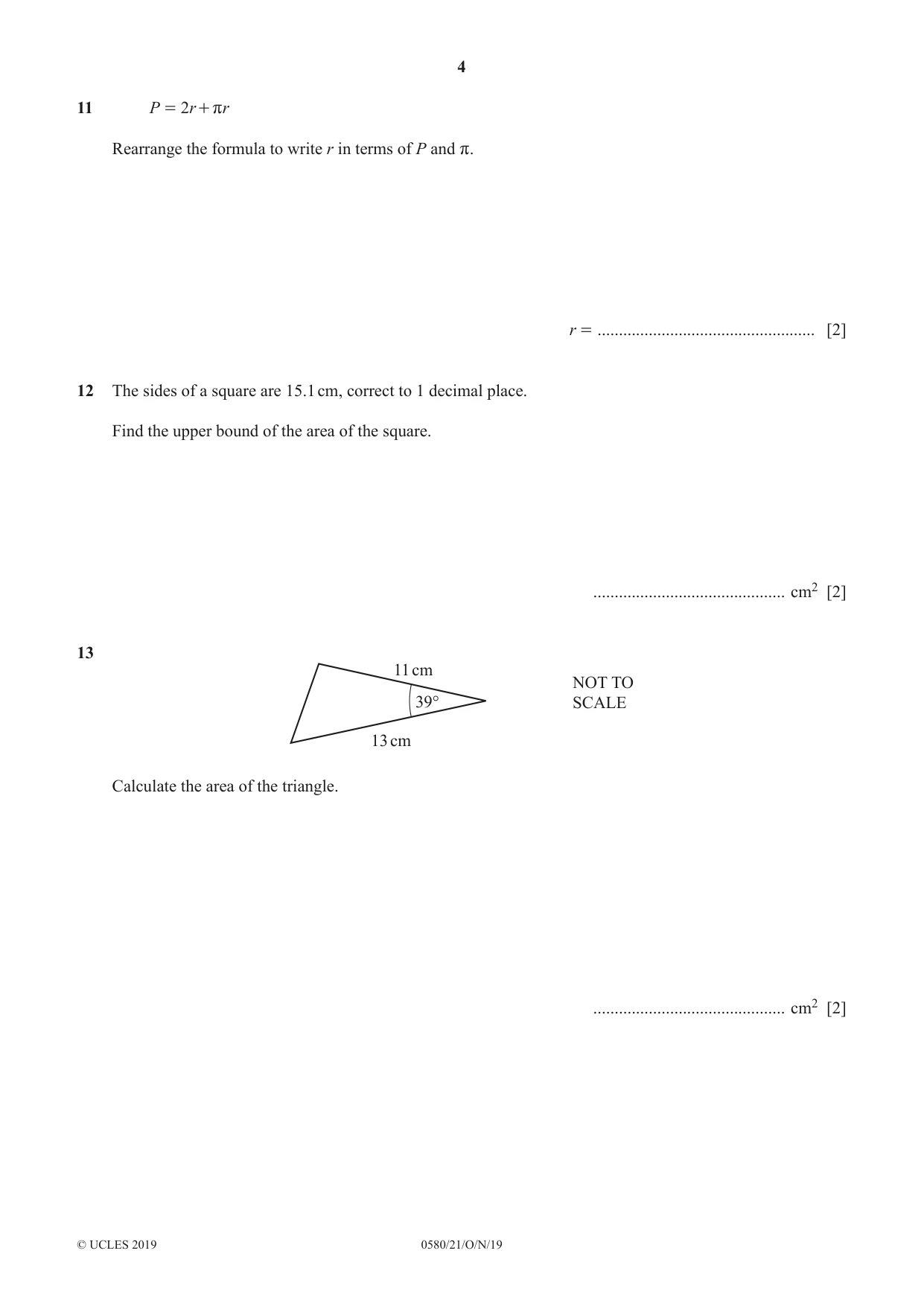 Cambridge IGCSE Mathematics 0580 2019 Oct/Nov Paper 2 · Variant 1 question paper, page 4 of 12