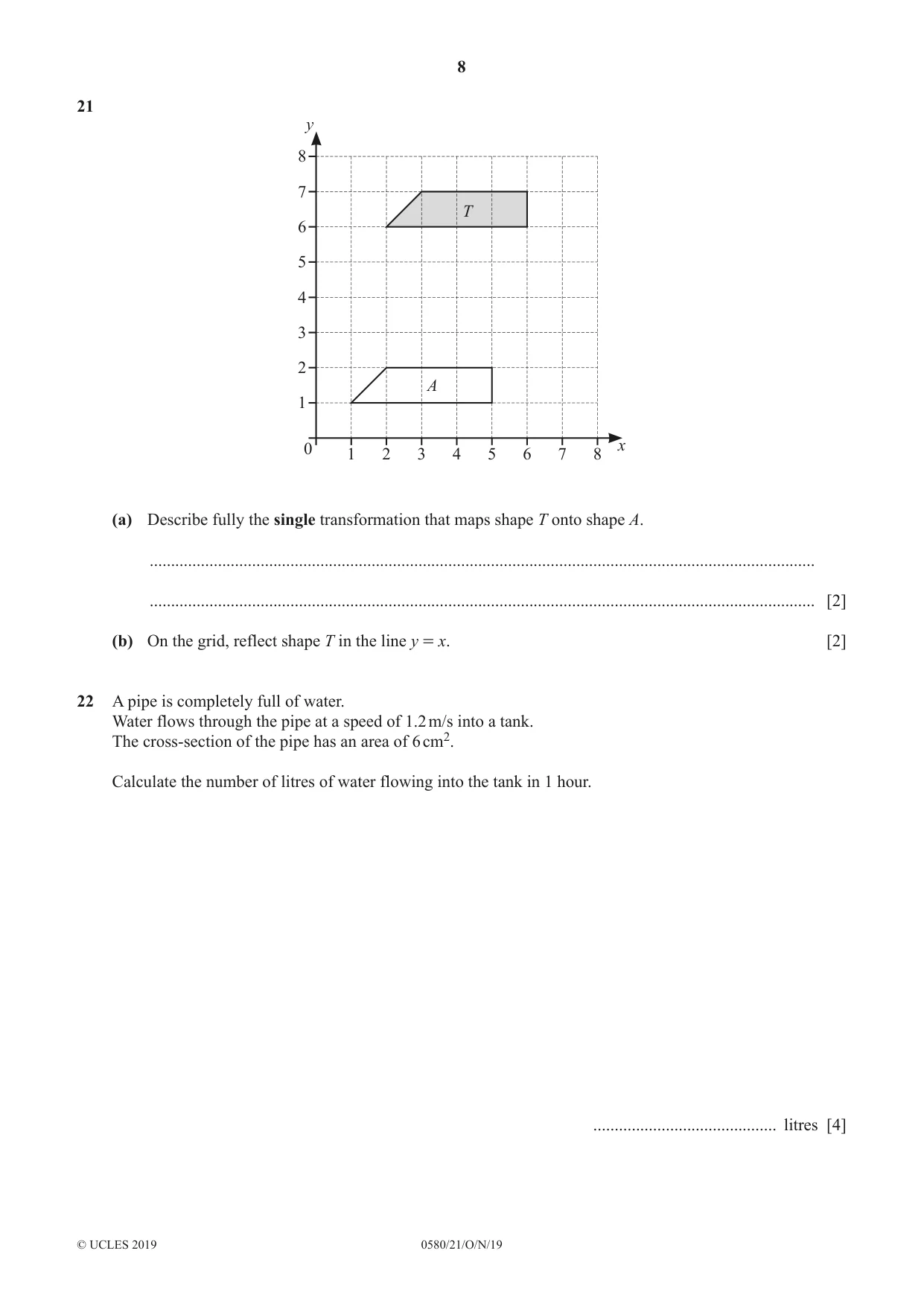Cambridge IGCSE Mathematics 0580 2019 Oct/Nov Paper 2 · Variant 1 question paper, page 8 of 12