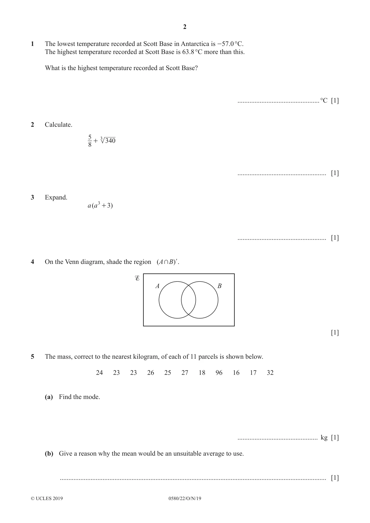 Cambridge IGCSE Mathematics 0580 2019 Oct/Nov Paper 2 · Variant 2 question paper, page 2 of 12