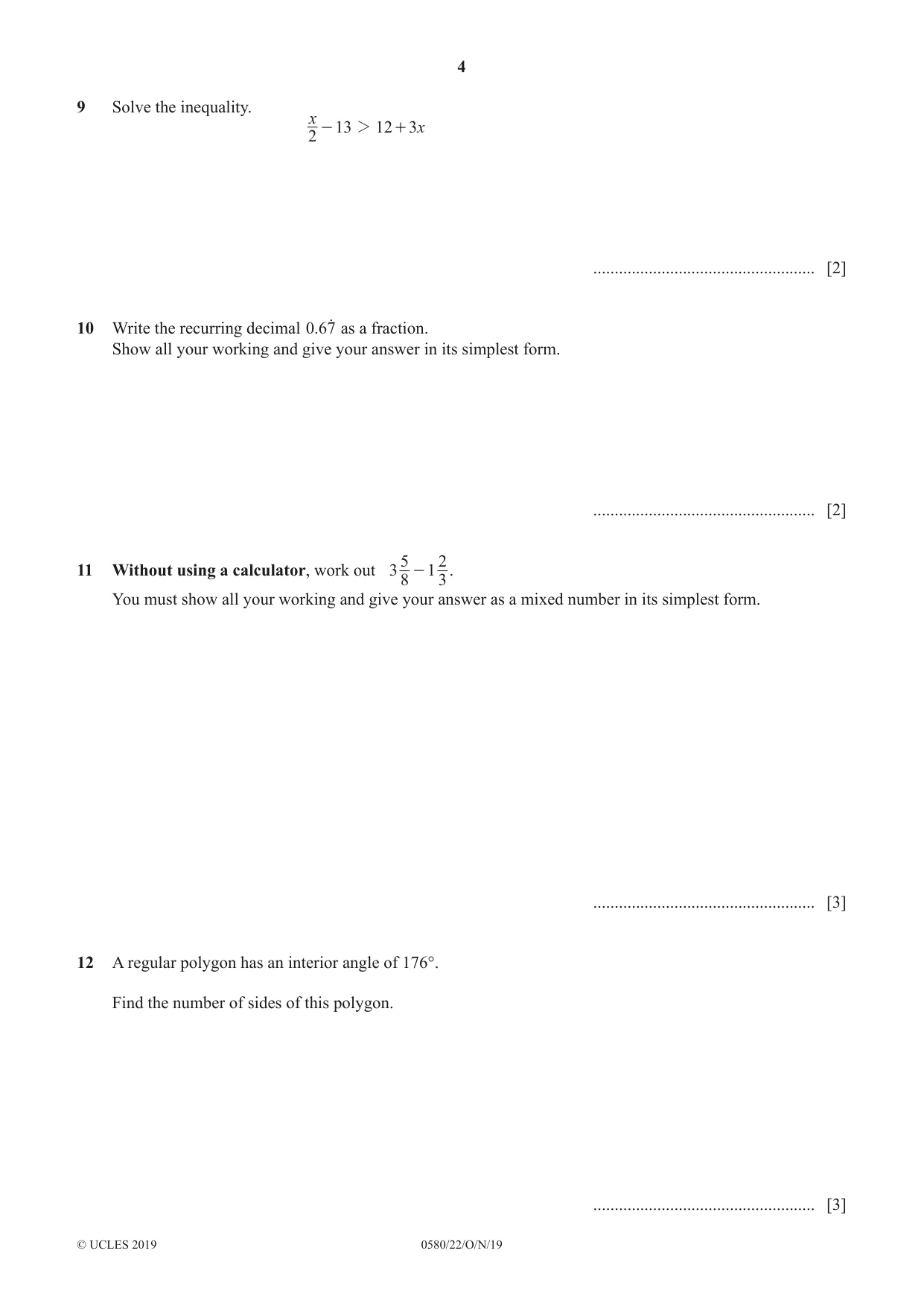 Cambridge IGCSE Mathematics 0580 2019 Oct/Nov Paper 2 · Variant 2 question paper, page 4 of 12