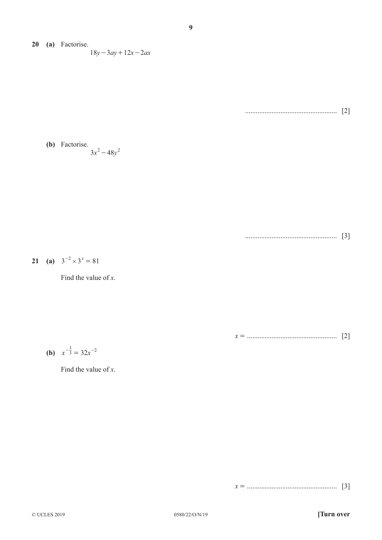 Cambridge IGCSE Mathematics 0580 2019 Oct/Nov Paper 2 · Variant 2 question paper, page 9 of 12