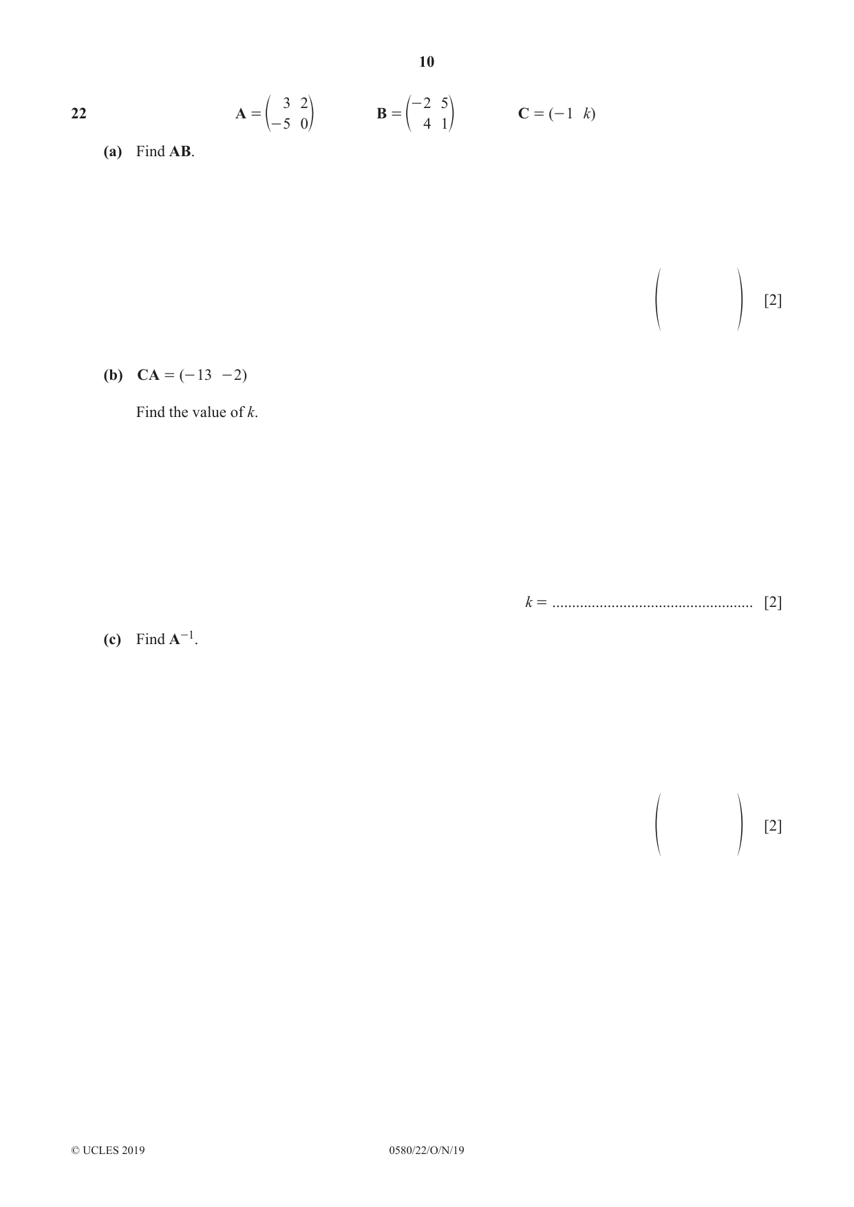 Cambridge IGCSE Mathematics 0580 2019 Oct/Nov Paper 2 · Variant 2 question paper, page 10 of 12