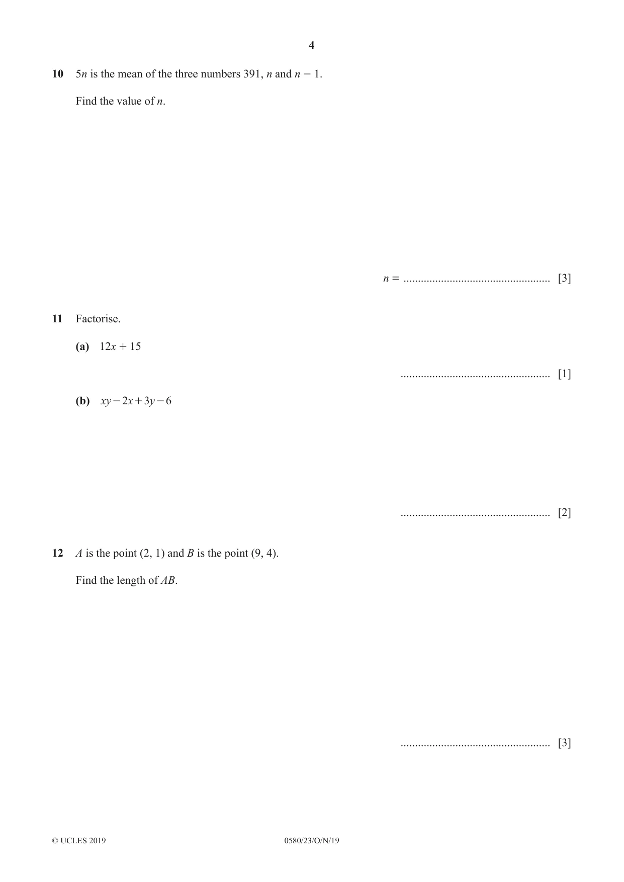 Cambridge IGCSE Mathematics 0580 2019 Oct/Nov Paper 2 · Variant 3 question paper, page 4 of 12