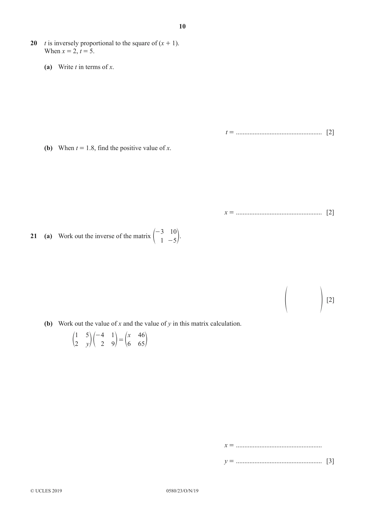 Cambridge IGCSE Mathematics 0580 2019 Oct/Nov Paper 2 · Variant 3 question paper, page 10 of 12