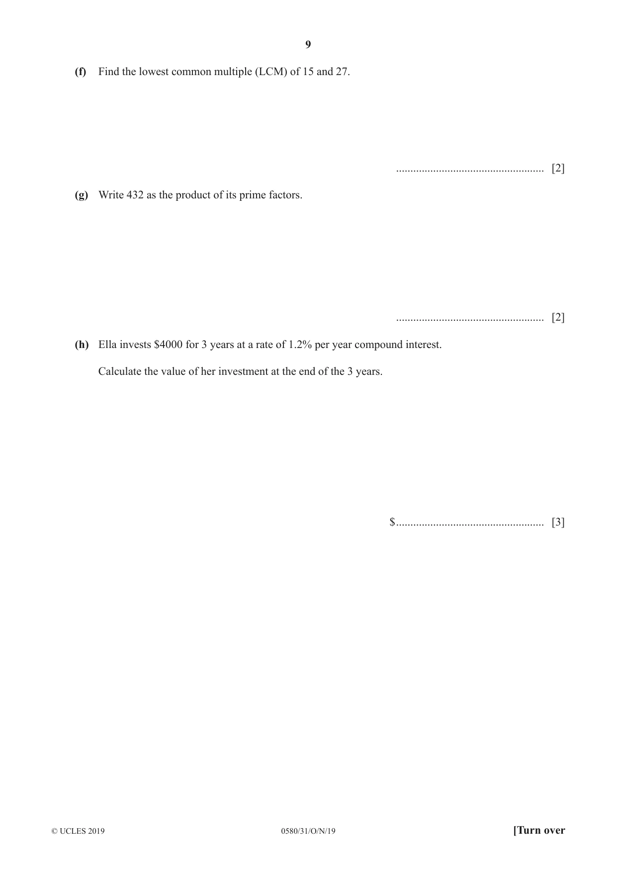 Cambridge IGCSE Mathematics 0580 2019 Oct/Nov Paper 3 · Variant 1 question paper, page 9 of 16