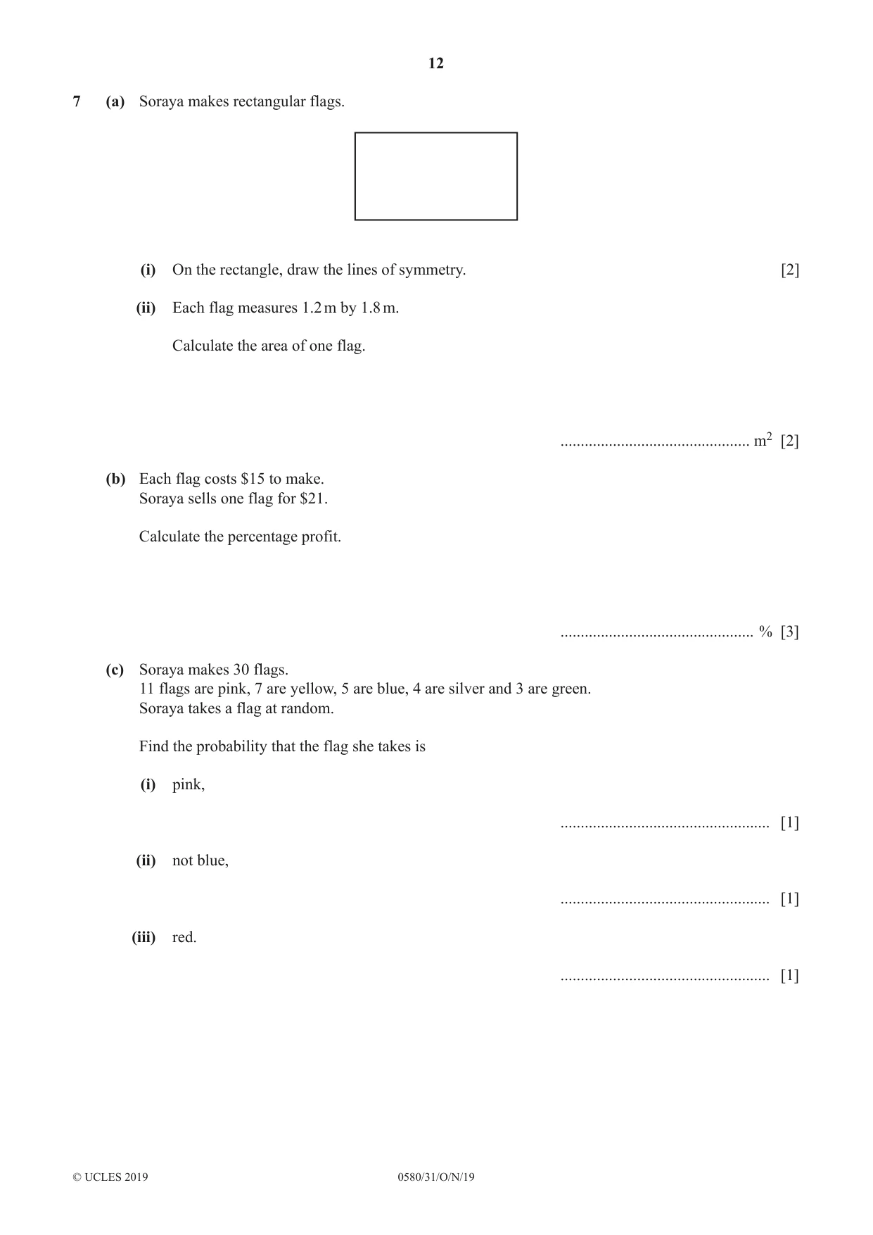Cambridge IGCSE Mathematics 0580 2019 Oct/Nov Paper 3 · Variant 1 question paper, page 12 of 16