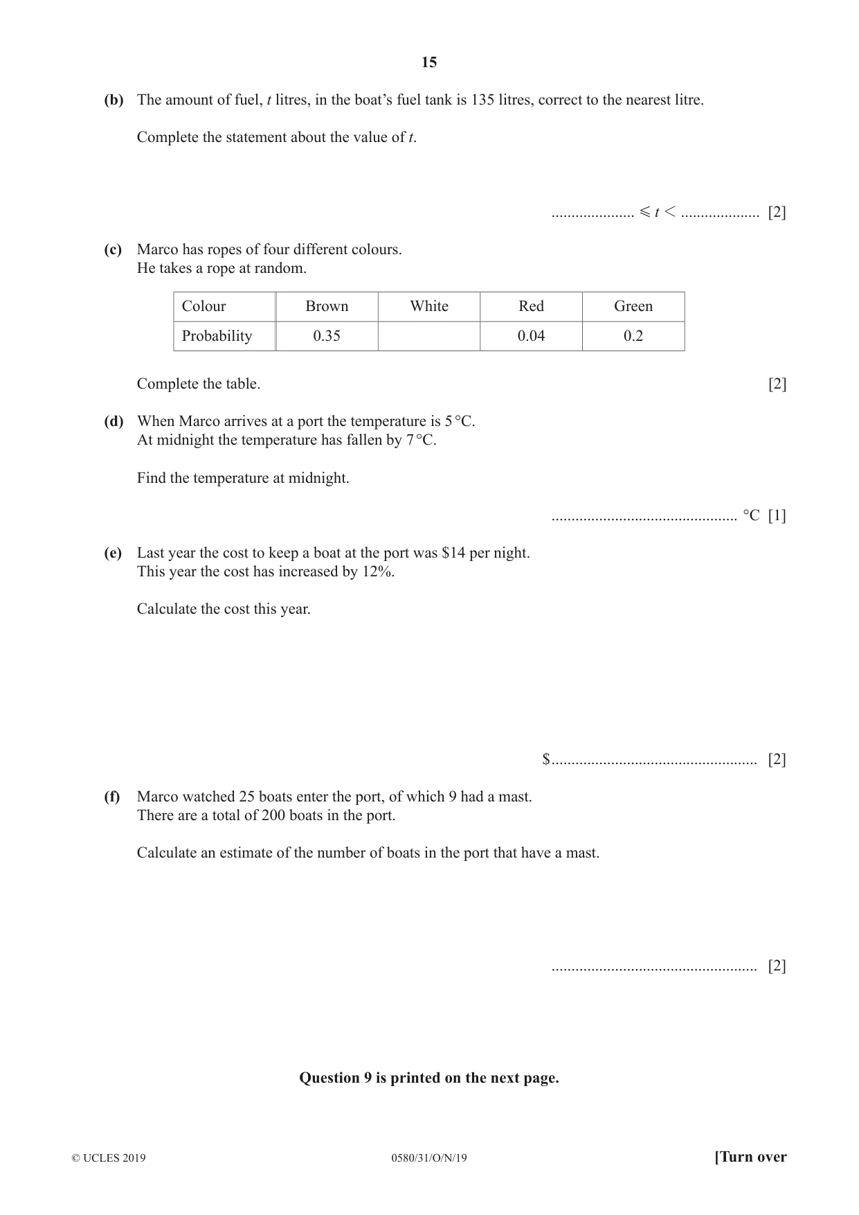 Cambridge IGCSE Mathematics 0580 2019 Oct/Nov Paper 3 · Variant 1 question paper, page 15 of 16