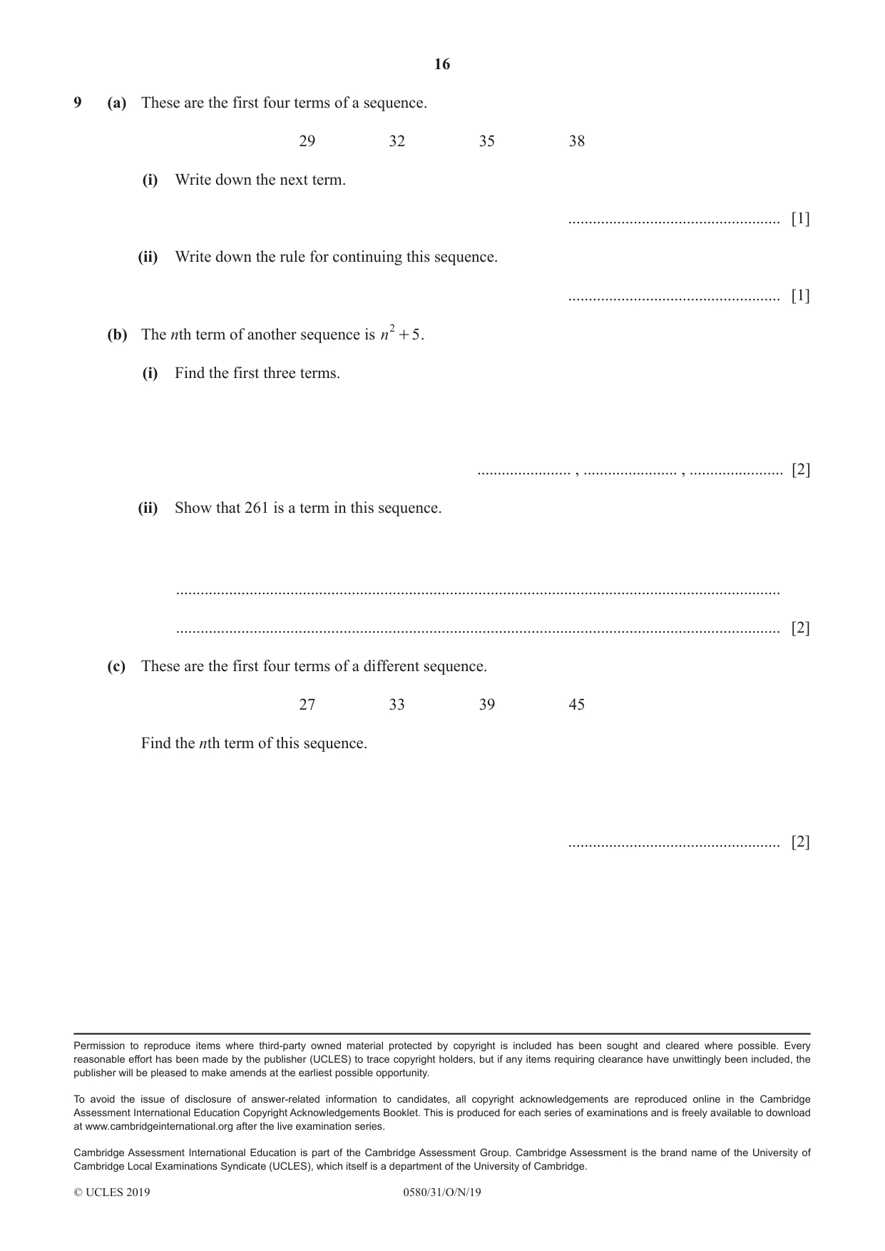 Cambridge IGCSE Mathematics 0580 2019 Oct/Nov Paper 3 · Variant 1 question paper, page 16 of 16