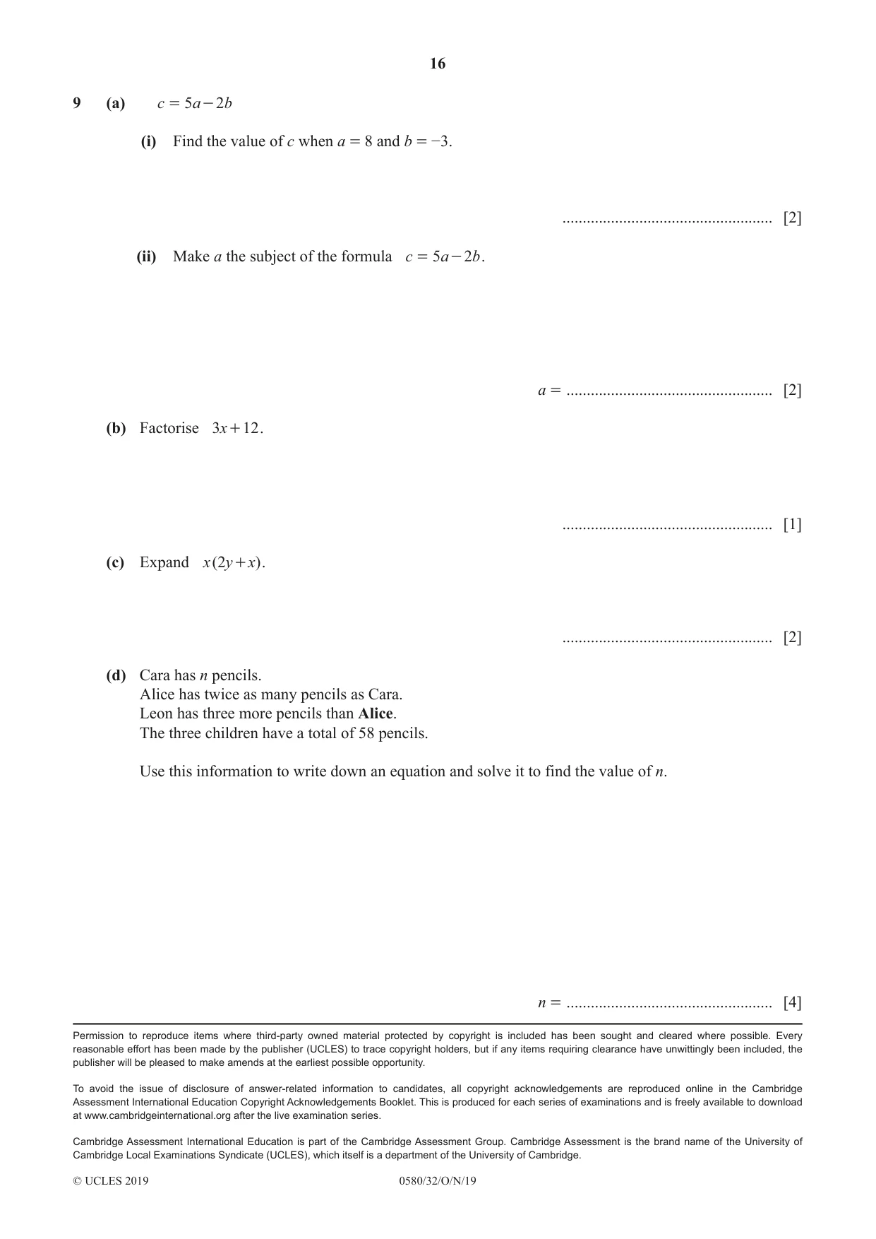 Cambridge IGCSE Mathematics 0580 2019 Oct/Nov Paper 3 · Variant 2 question paper, page 16 of 16