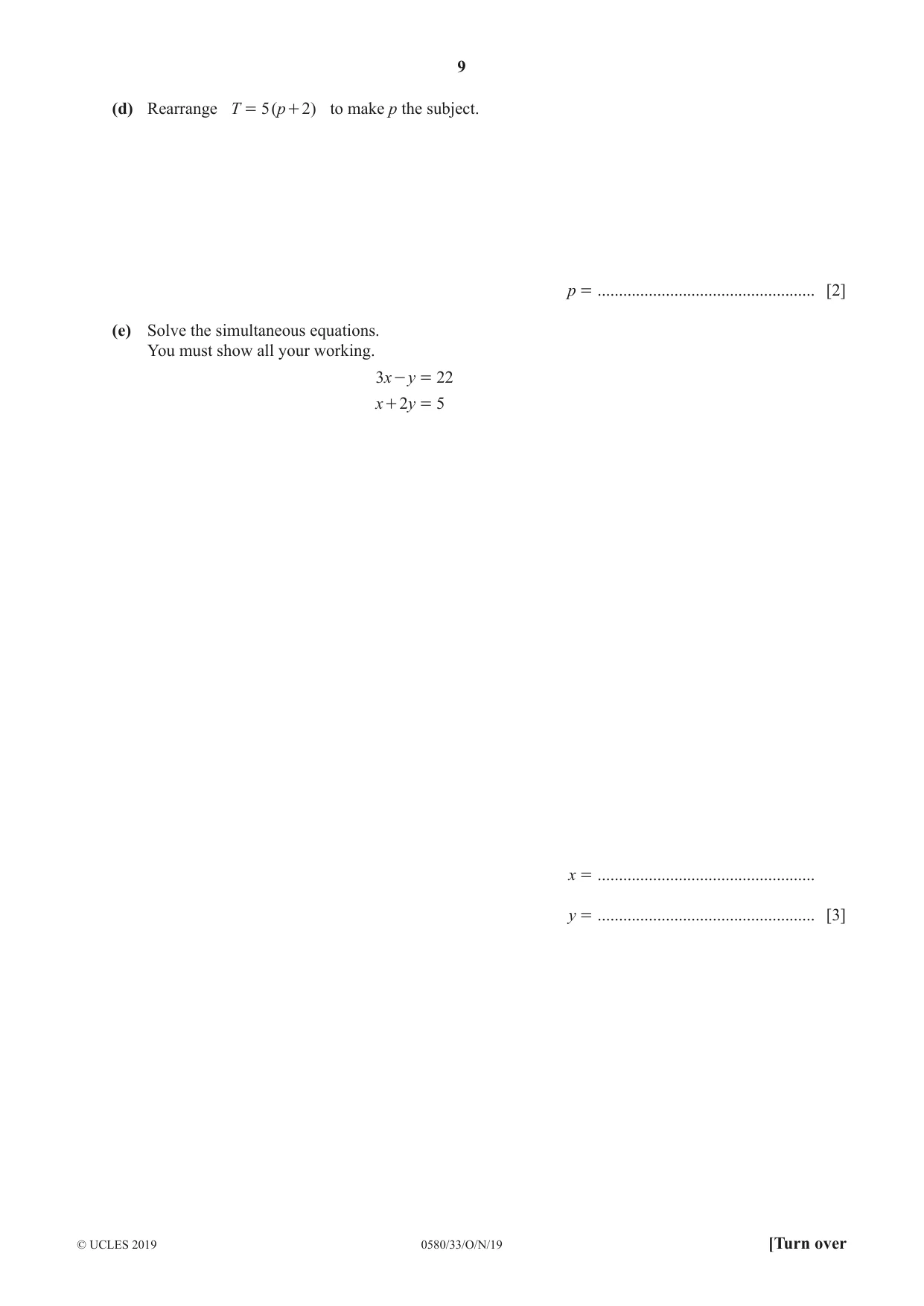 Cambridge IGCSE Mathematics 0580 2019 Oct/Nov Paper 3 · Variant 3 question paper, page 9 of 16