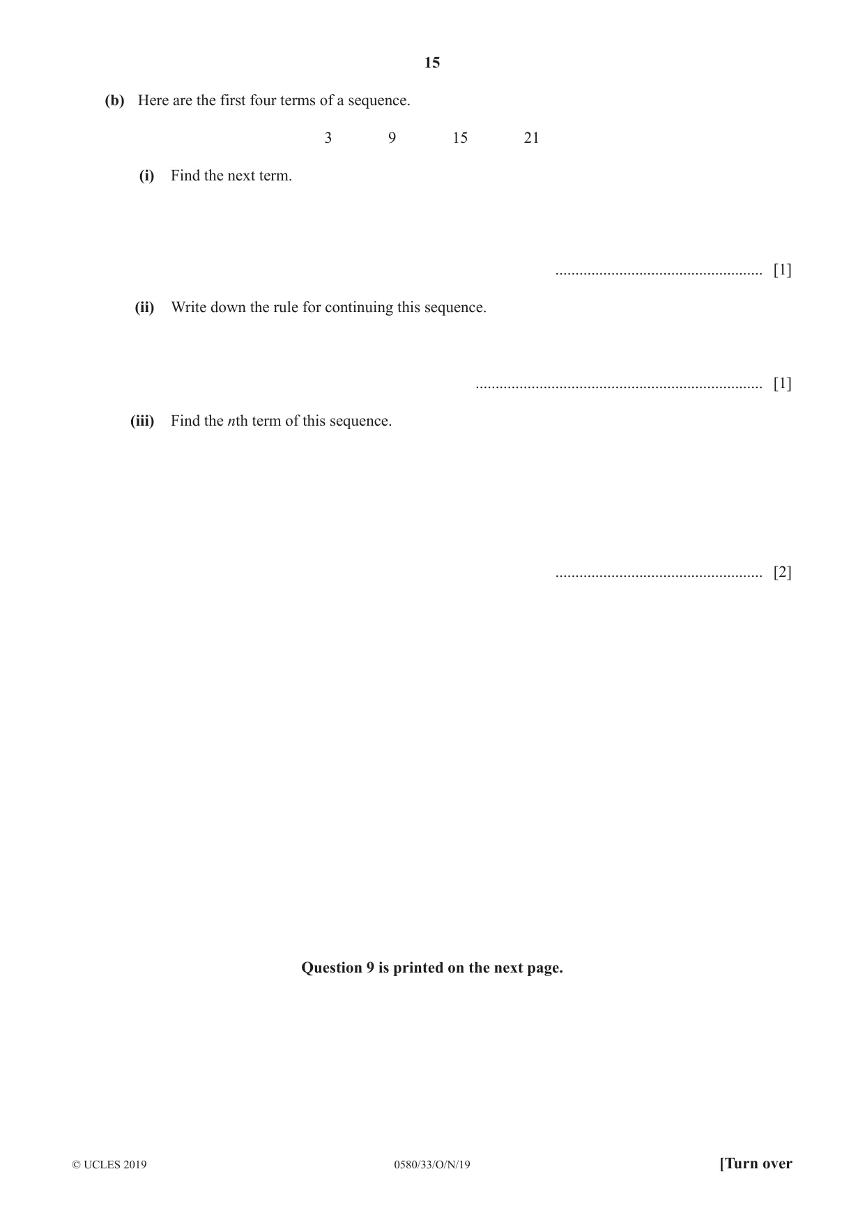Cambridge IGCSE Mathematics 0580 2019 Oct/Nov Paper 3 · Variant 3 question paper, page 15 of 16