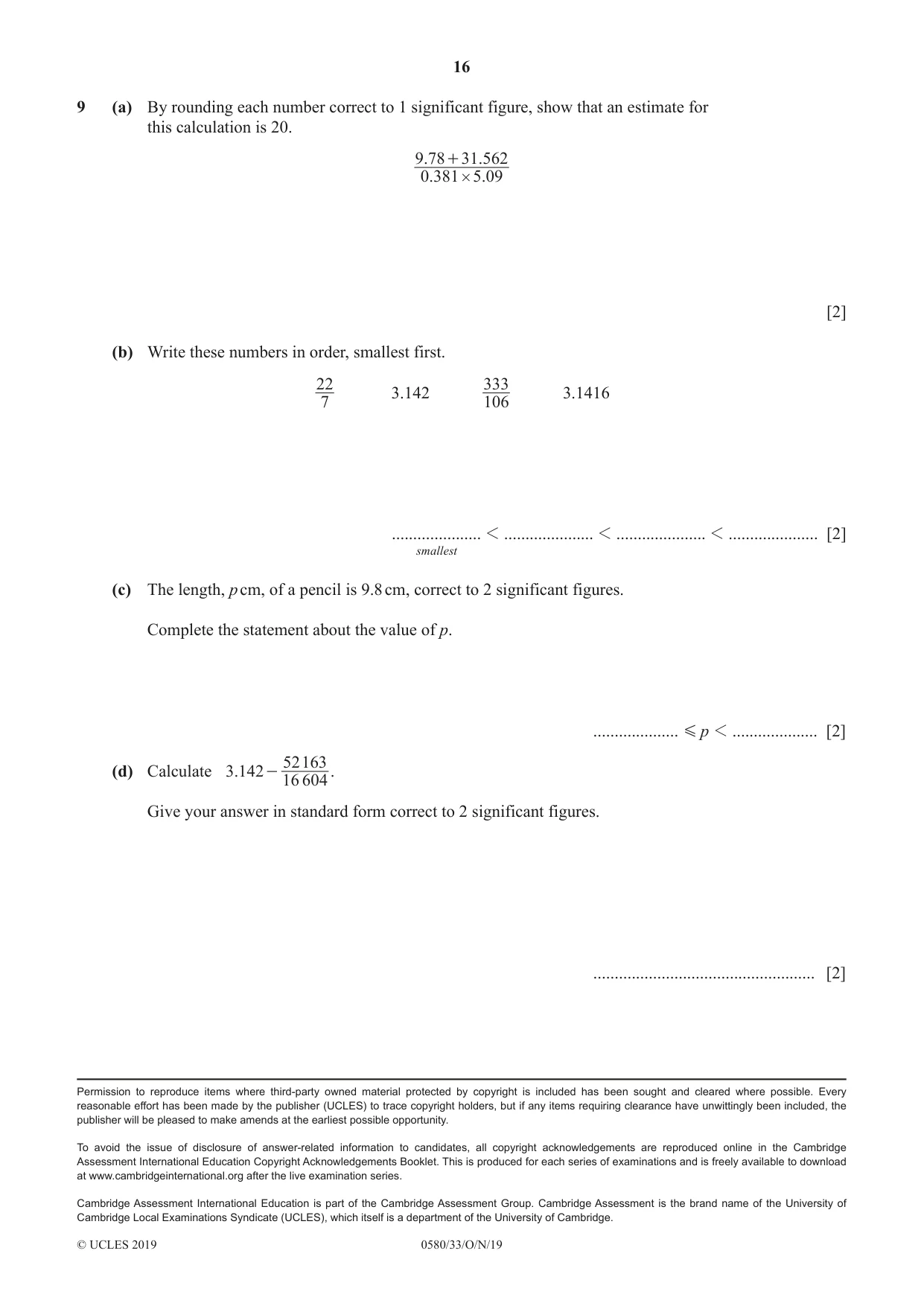 Cambridge IGCSE Mathematics 0580 2019 Oct/Nov Paper 3 · Variant 3 question paper, page 16 of 16