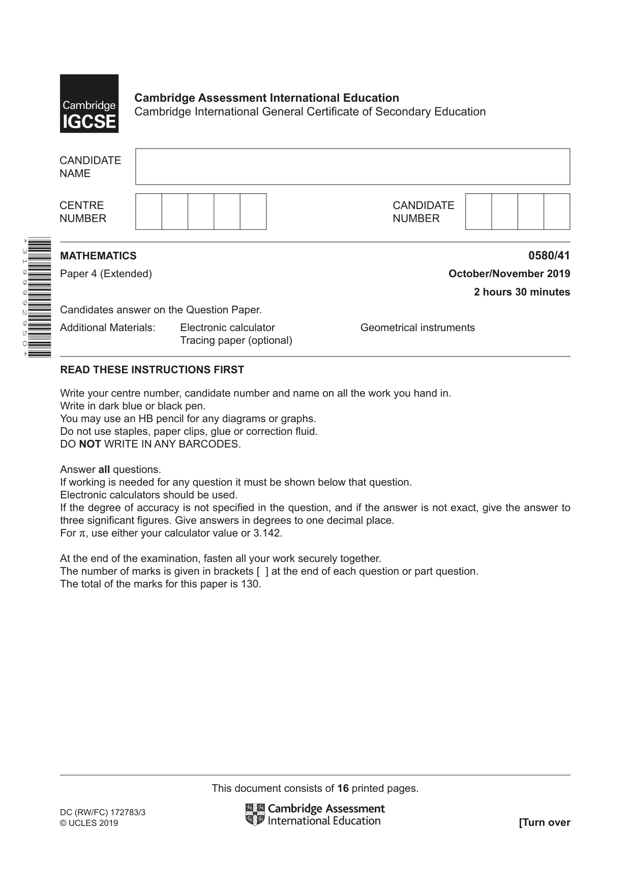 Cambridge IGCSE Mathematics 0580 2019 Oct/Nov Paper 4 · Variant 1 question paper, page 1 of 16