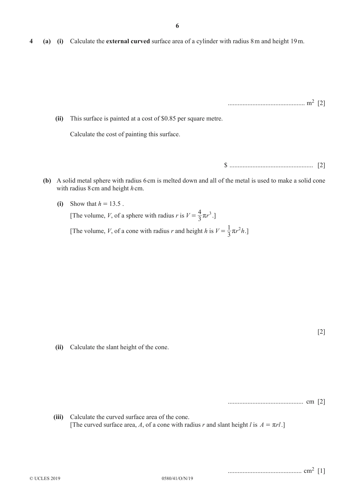 Cambridge IGCSE Mathematics 0580 2019 Oct/Nov Paper 4 · Variant 1 question paper, page 6 of 16