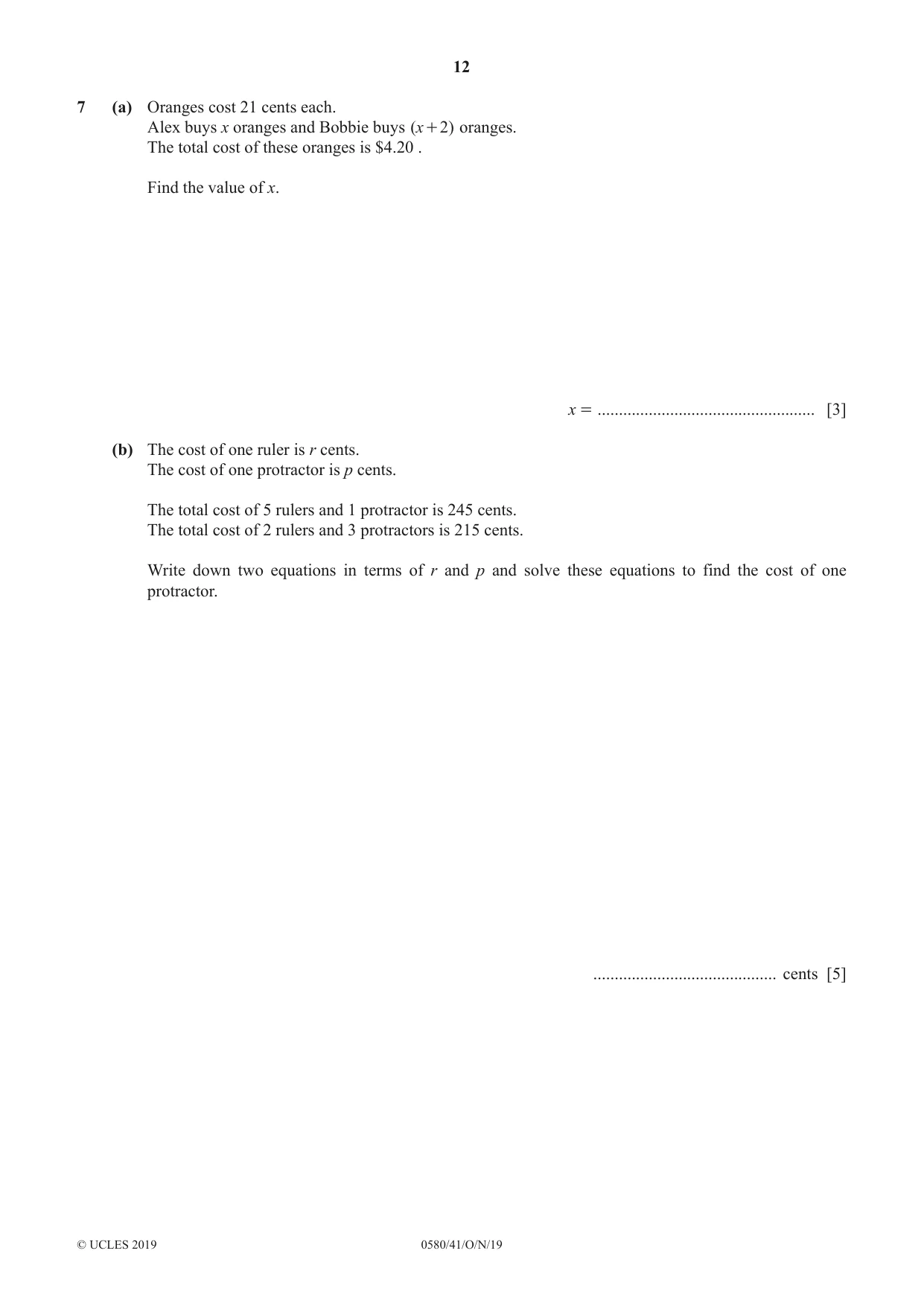 Cambridge IGCSE Mathematics 0580 2019 Oct/Nov Paper 4 · Variant 1 question paper, page 12 of 16