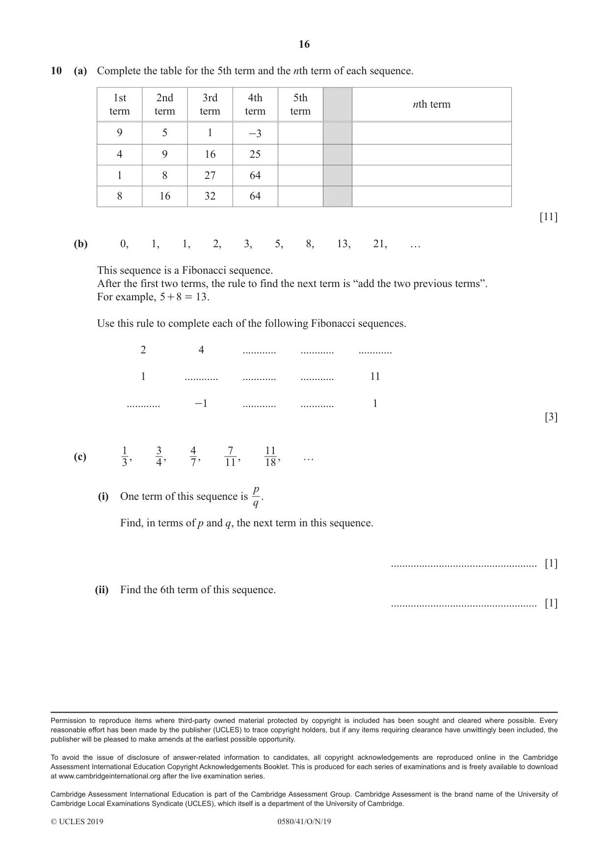 Cambridge IGCSE Mathematics 0580 2019 Oct/Nov Paper 4 · Variant 1 question paper, page 16 of 16
